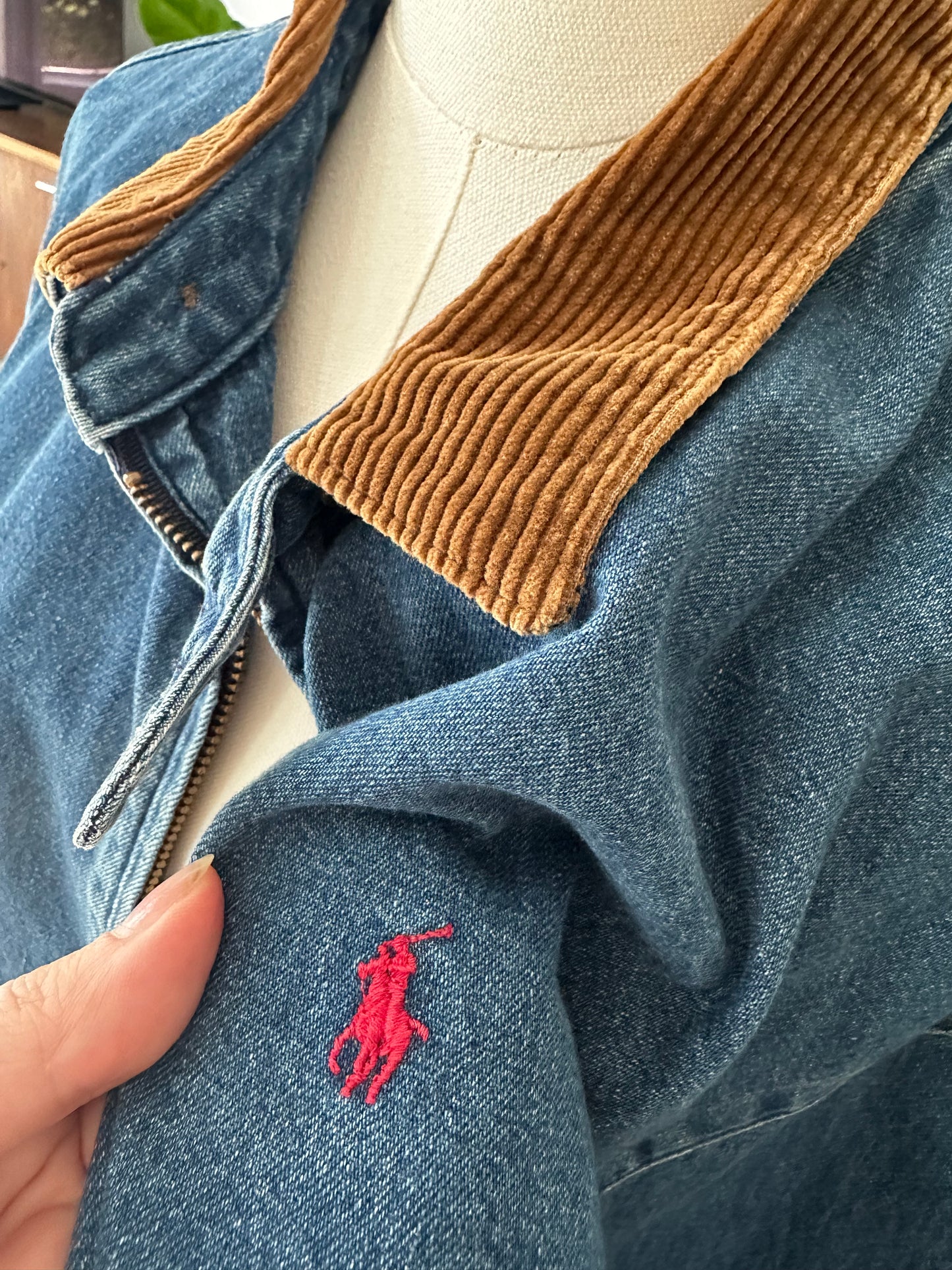 80s/90s Polo Ralph Lauren denim bomber with corduroy collar. Made in the USA