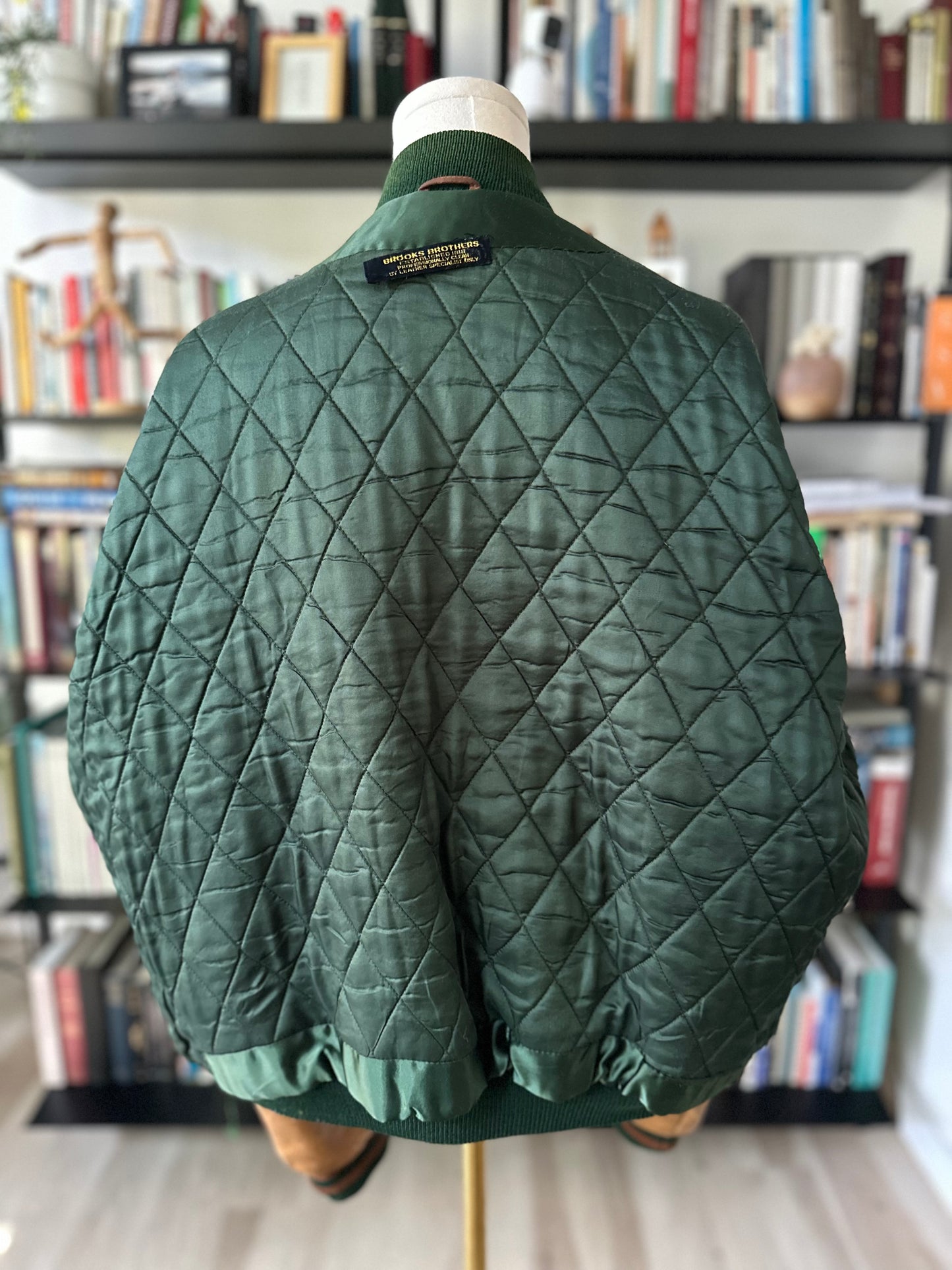 90s Brooks Brothers wool varsity jacket with leather sleeves. Made in the USA