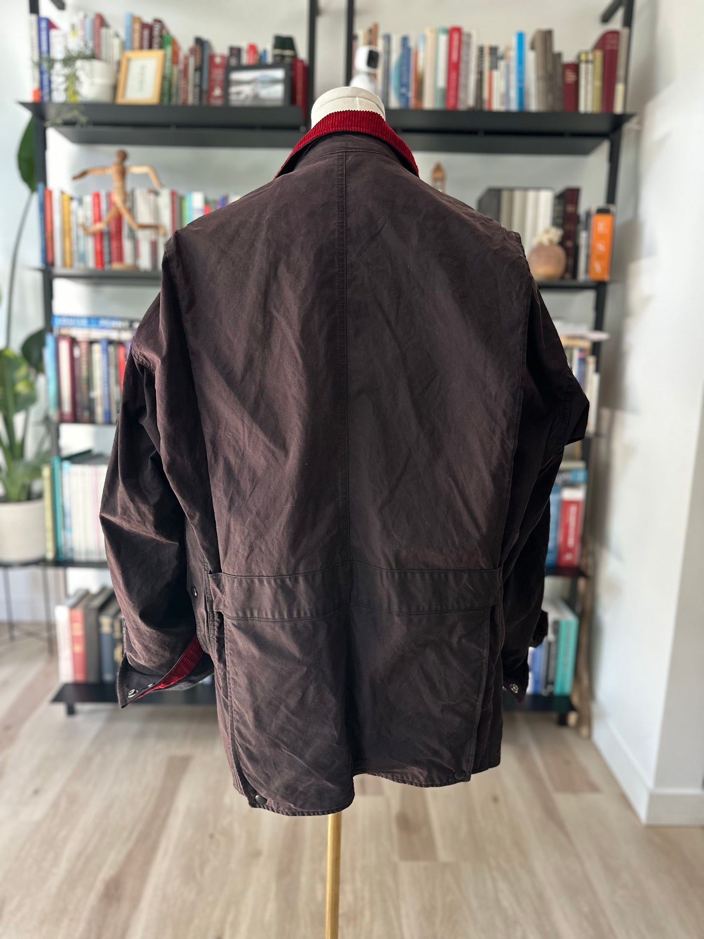 80s/90s Polo Ralph Lauren waxed barn coat in brown with red corduroy collar. Made in the USA