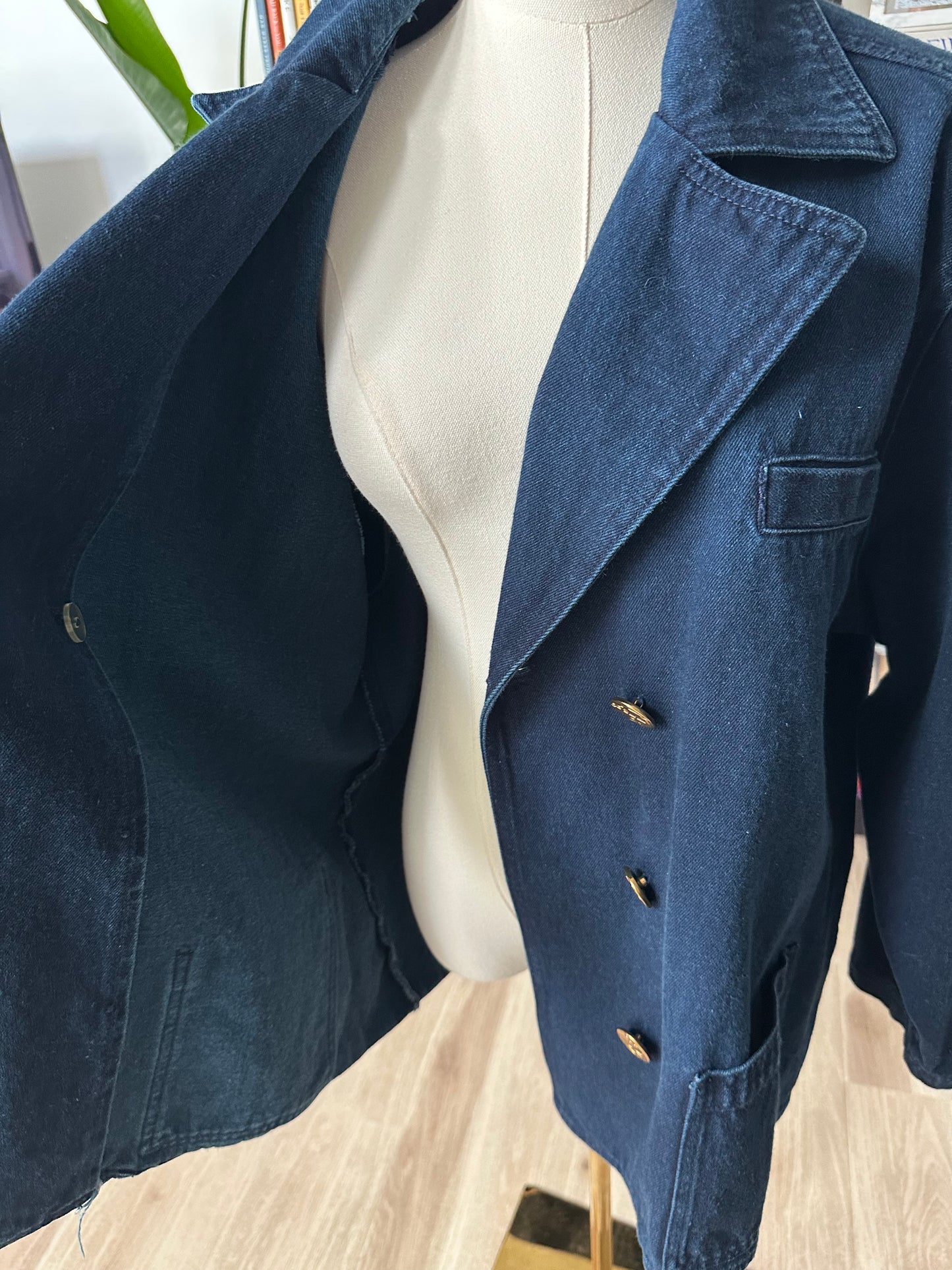 90s LA Blues denim pea coat. Made in Hong Kong