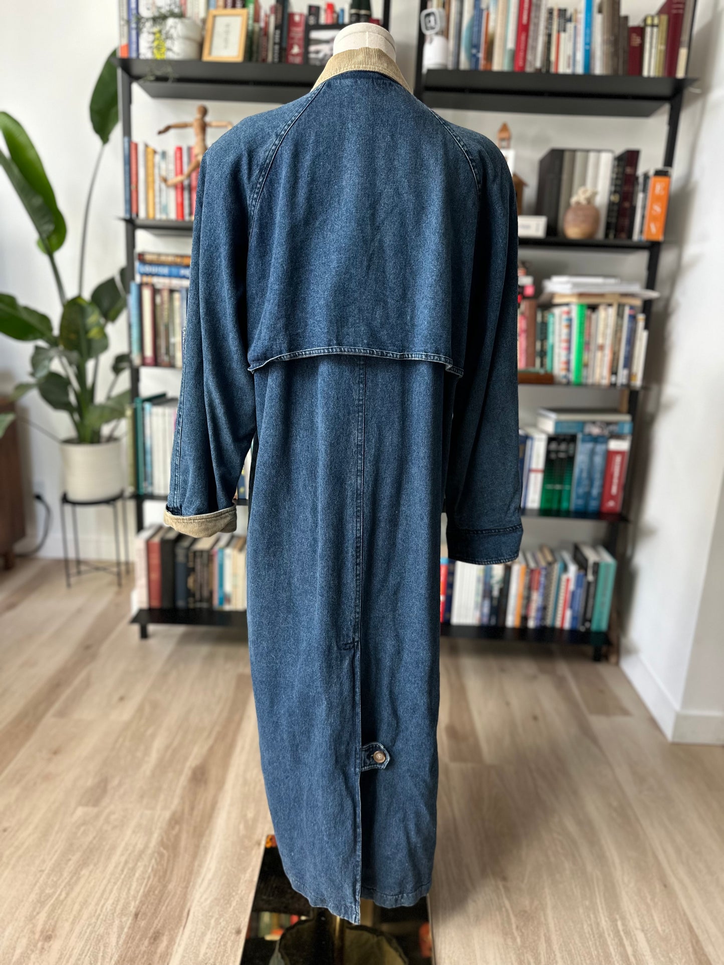 90s Ruff Hewn denim lined trench with corduroy collar. Made in Hong Kong