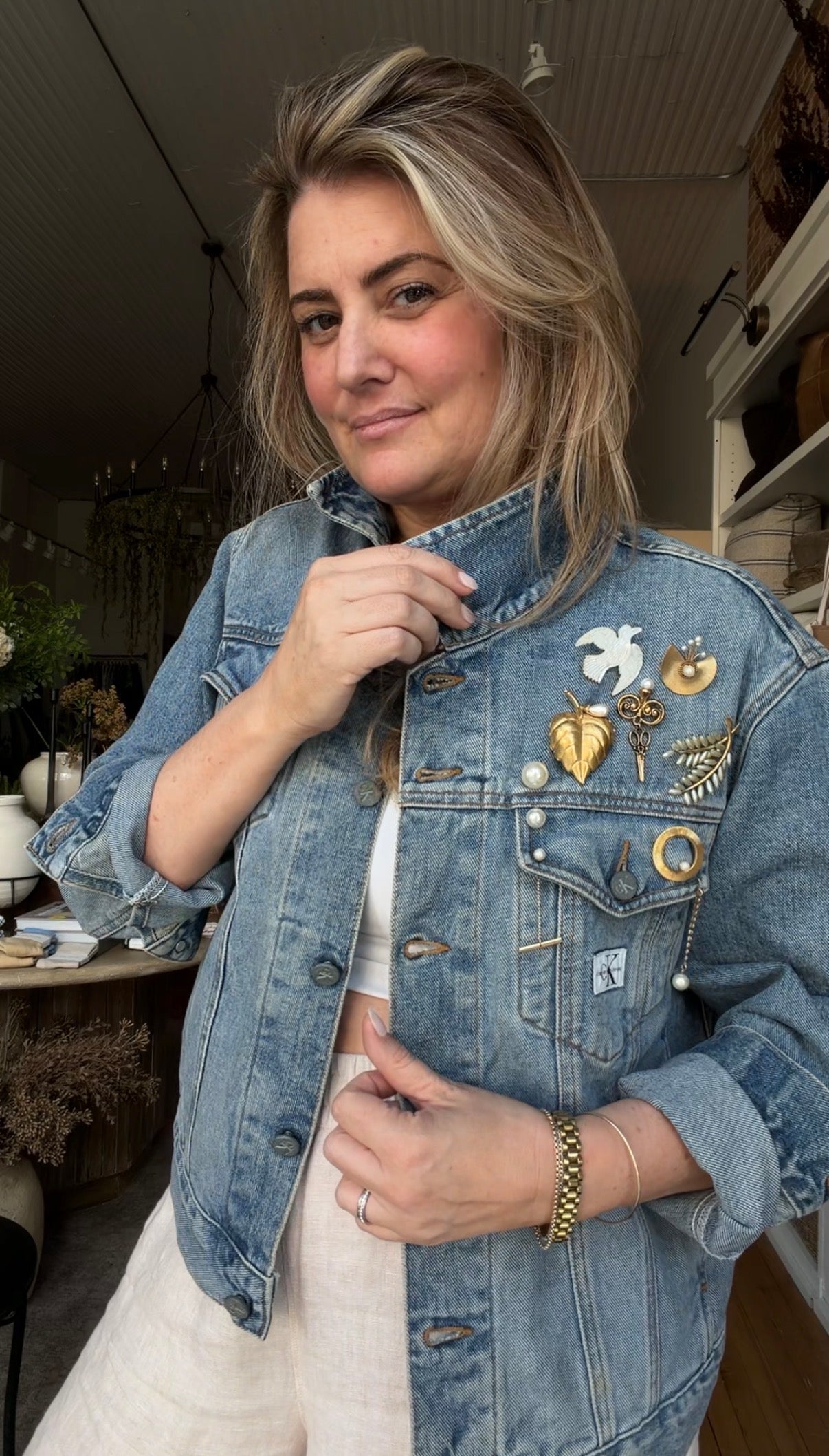 90s Calvin Klein denim pearl brooch jacket