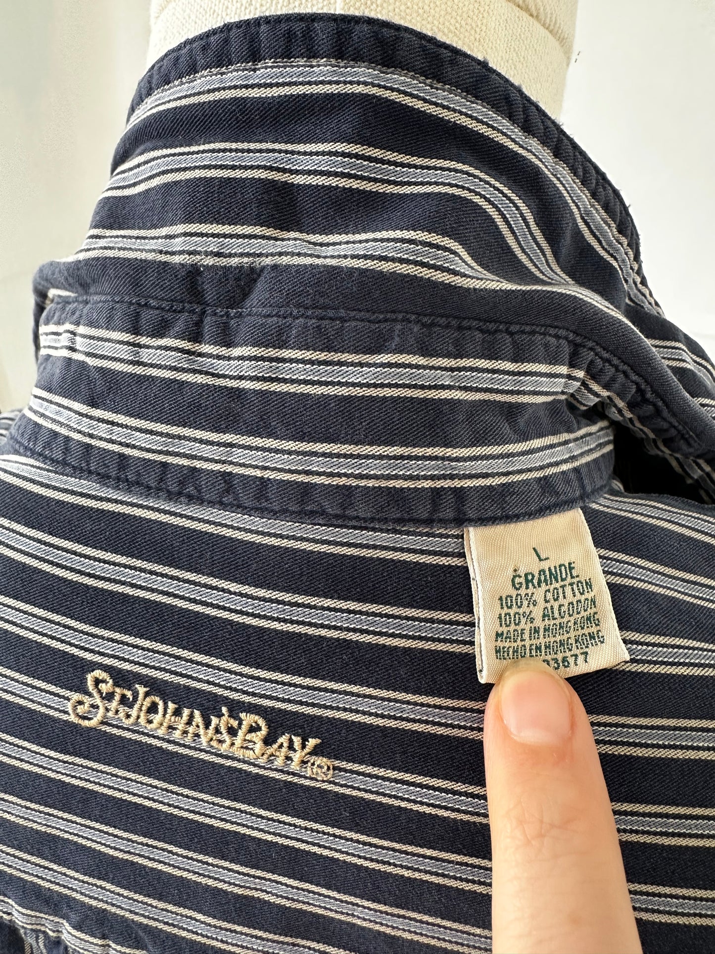 90s St John’s Bay navy striped button down. Made in Hong Kong