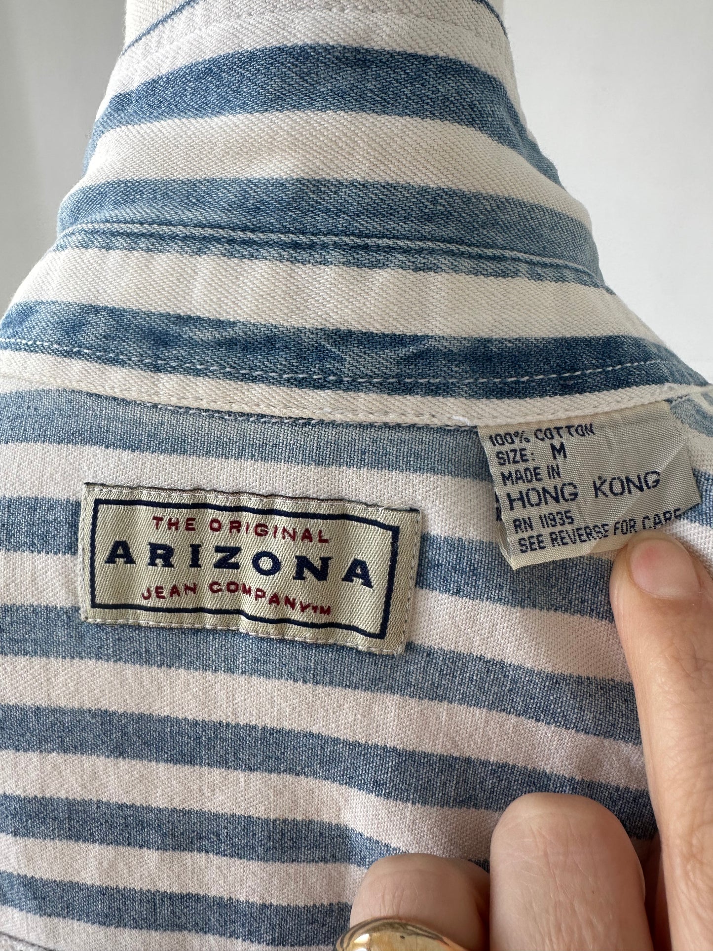 90s Arizona Jean Company striped denim button down. Made in Hong Kong