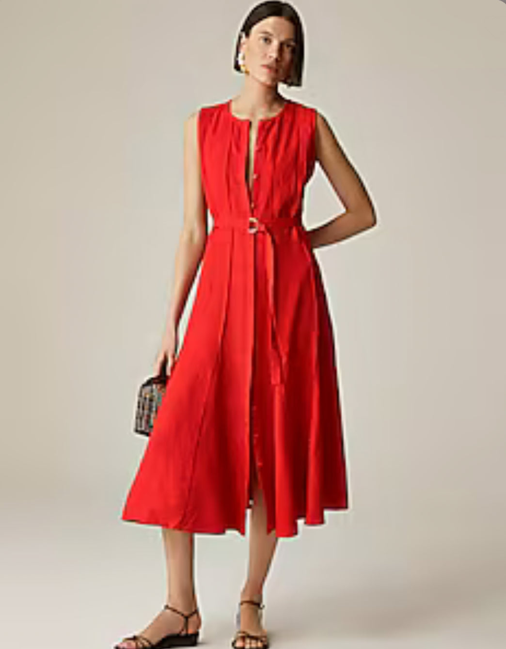 JCrew red seamed linen dress with removable dress. Size medium tall