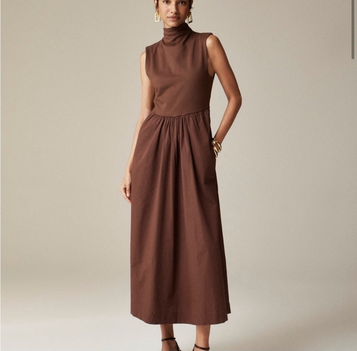 JCrew brown fitted knit mockneck dress with poplin dress