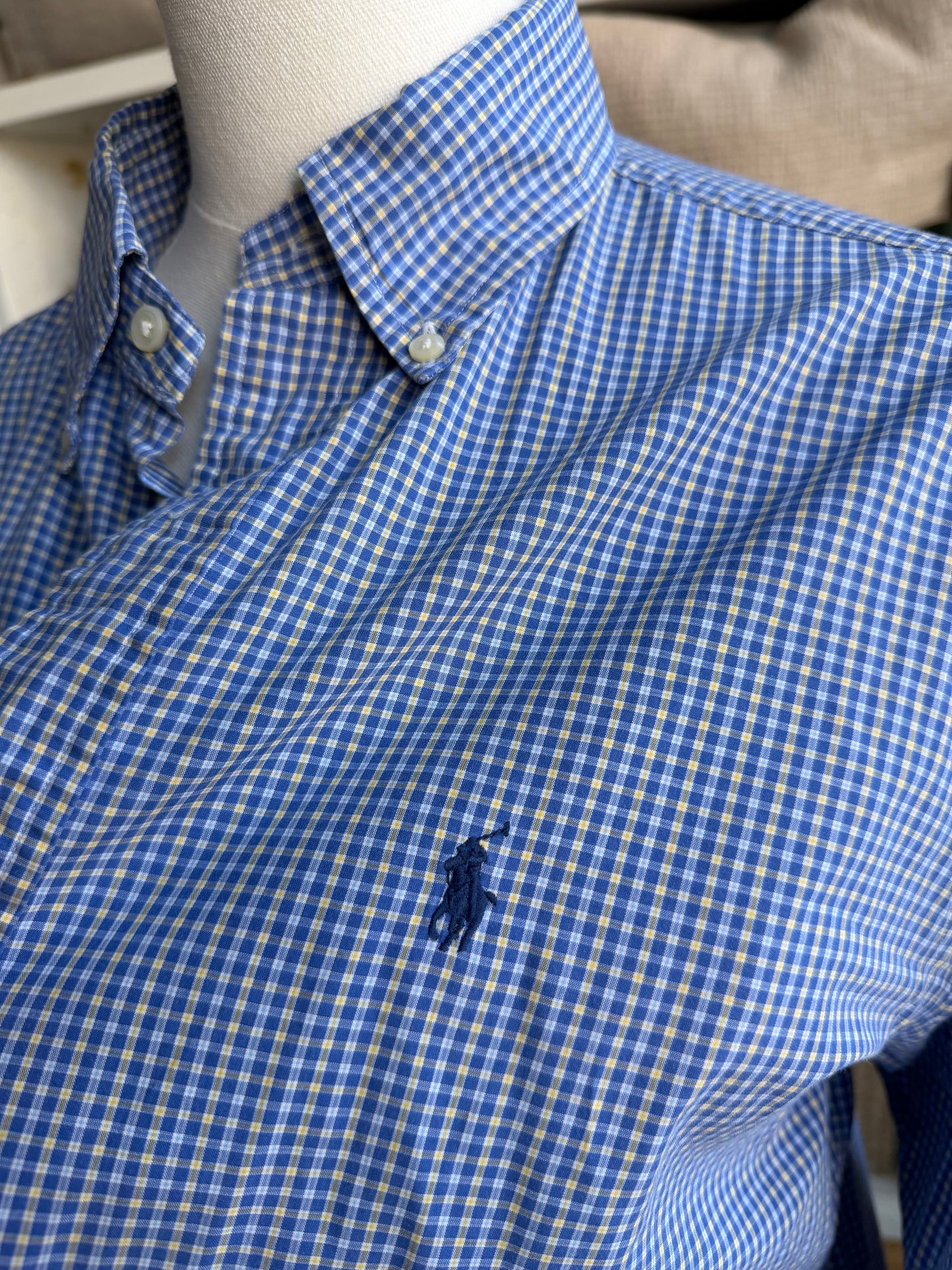 90s Ralph Lauren blue check Yarmouth poplin button down. Made in Hong Kong