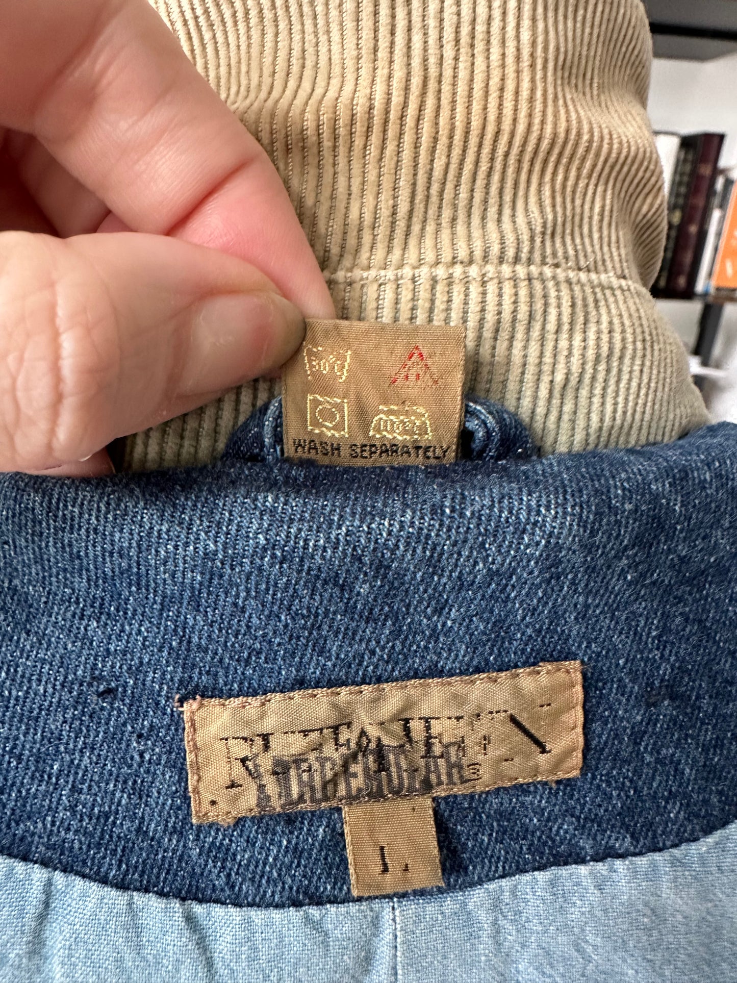 90s Ruff Hewn denim lined trench with corduroy collar. Made in Hong Kong