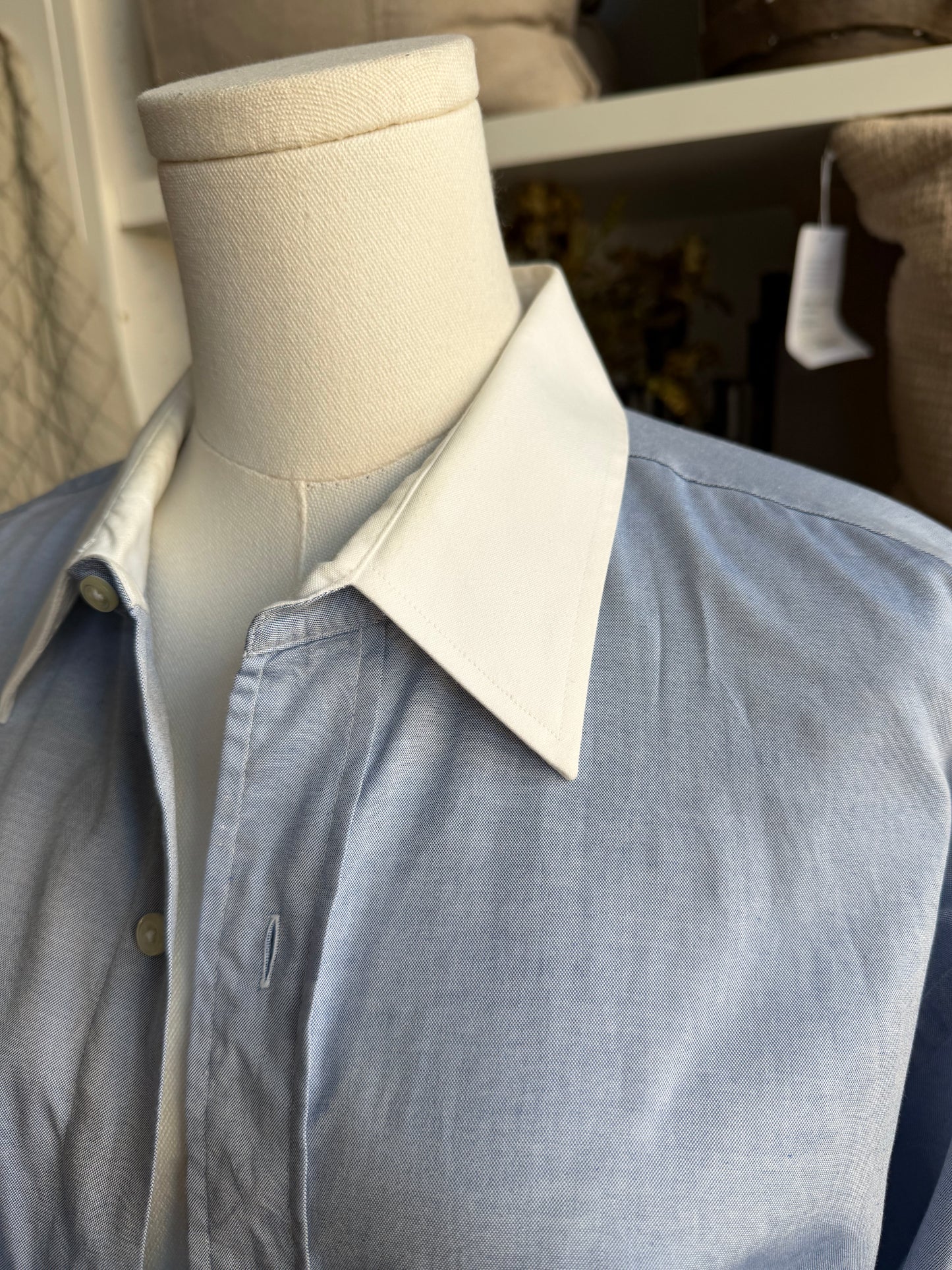 90s Brooks Brothers blue poplin with white collar. Made in the USA