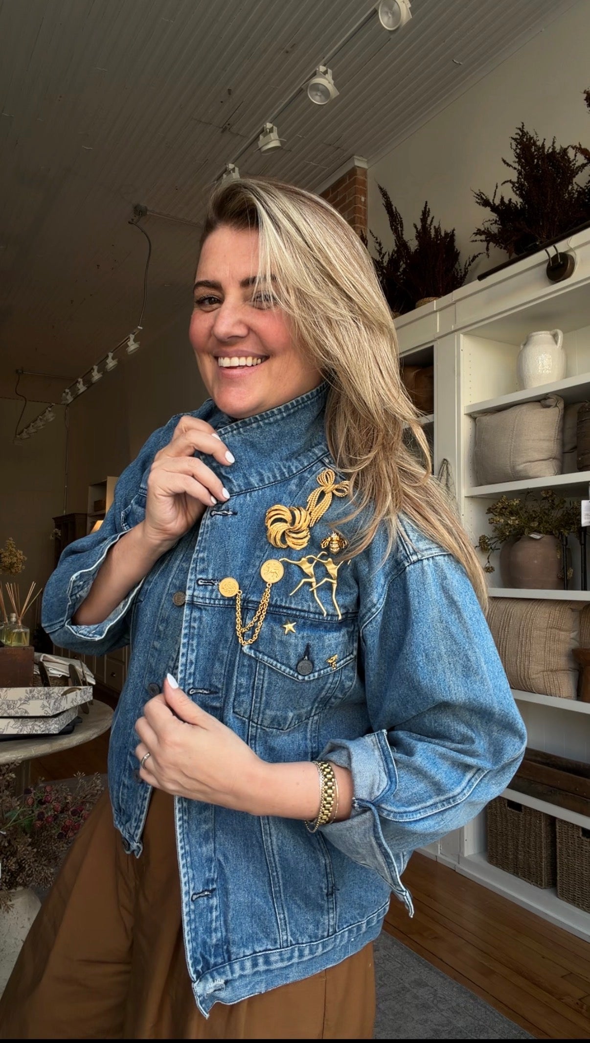 Vintage denim jacket with brooches