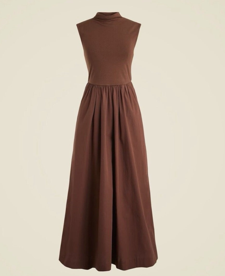 JCrew brown fitted knit mockneck dress with poplin dress