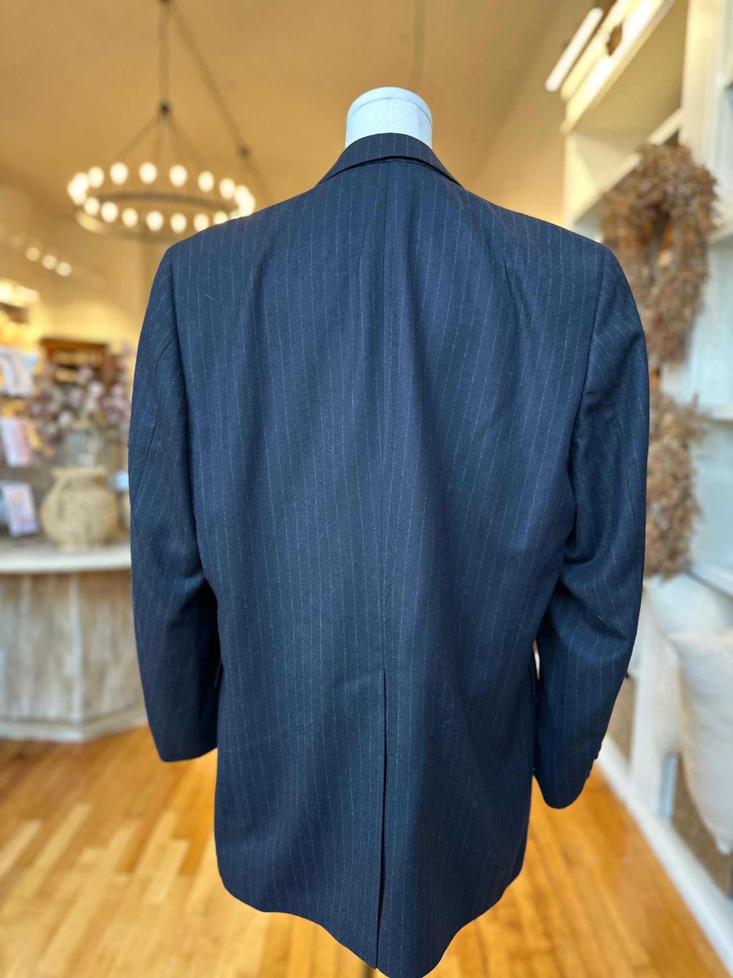 80s Lou Pollack navy wool pinstripe blazer. Made in Chicago