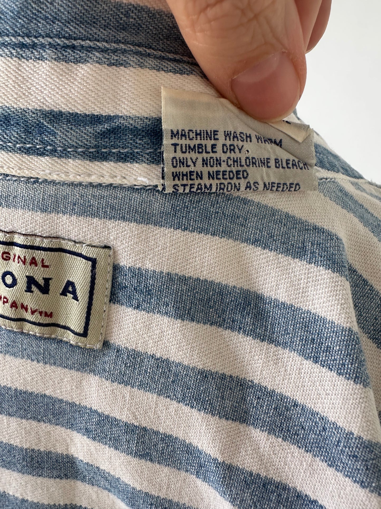 90s Arizona Jean Company striped denim button down. Made in Hong Kong