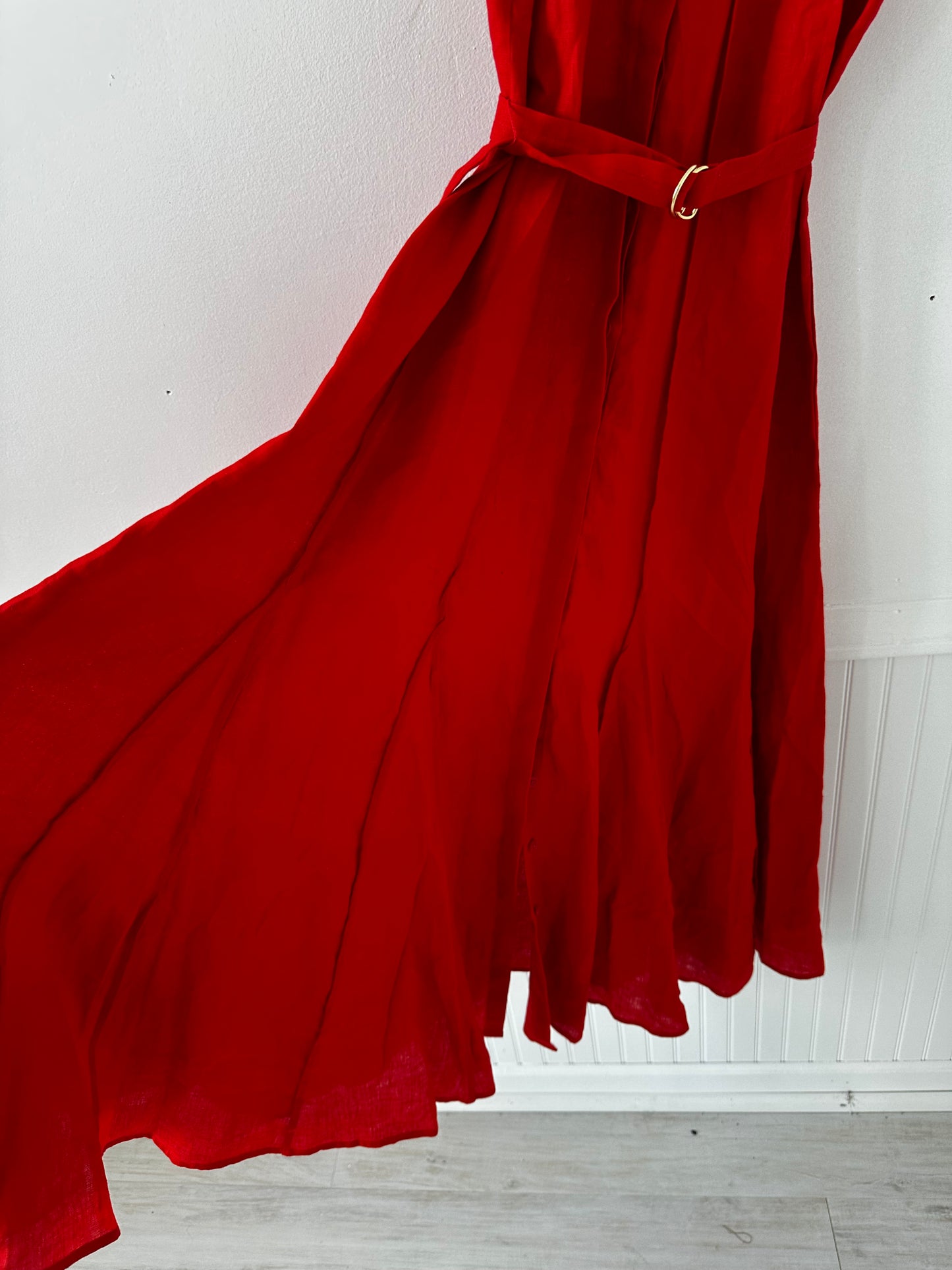 JCrew red seamed linen dress with removable dress. Size medium tall