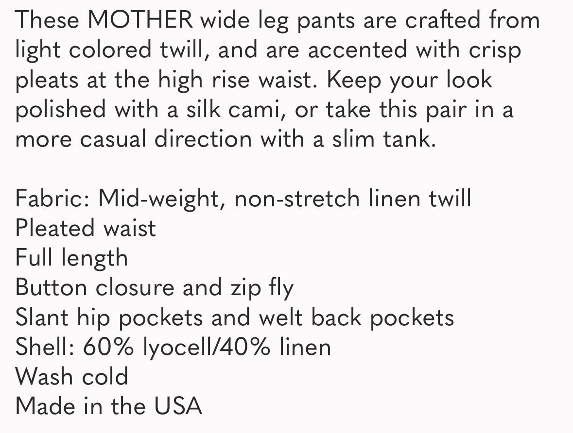 Mother wide leg linen blend trousers. Size 29