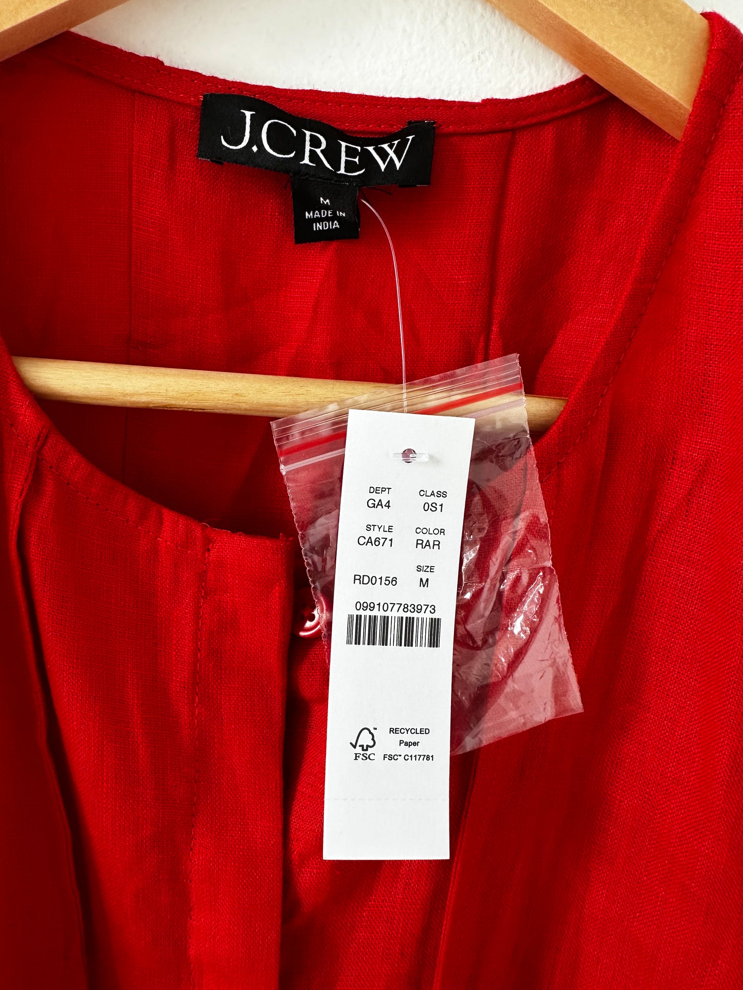 JCrew red seamed linen dress with removable dress. Size medium tall
