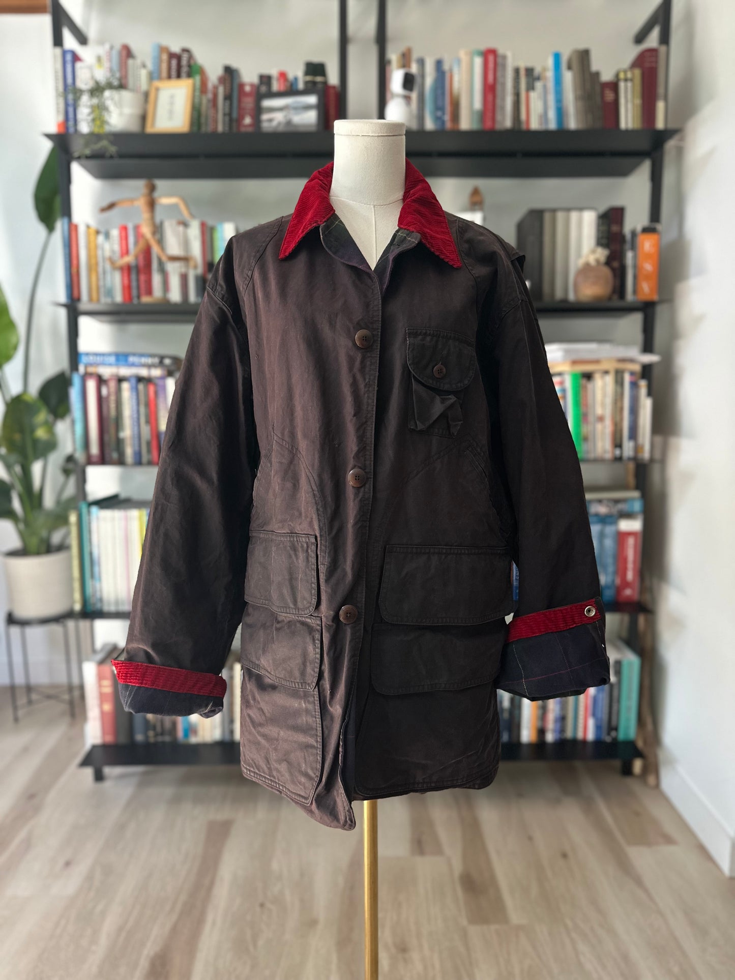 80s/90s Polo Ralph Lauren waxed barn coat in brown with red corduroy collar. Made in the USA