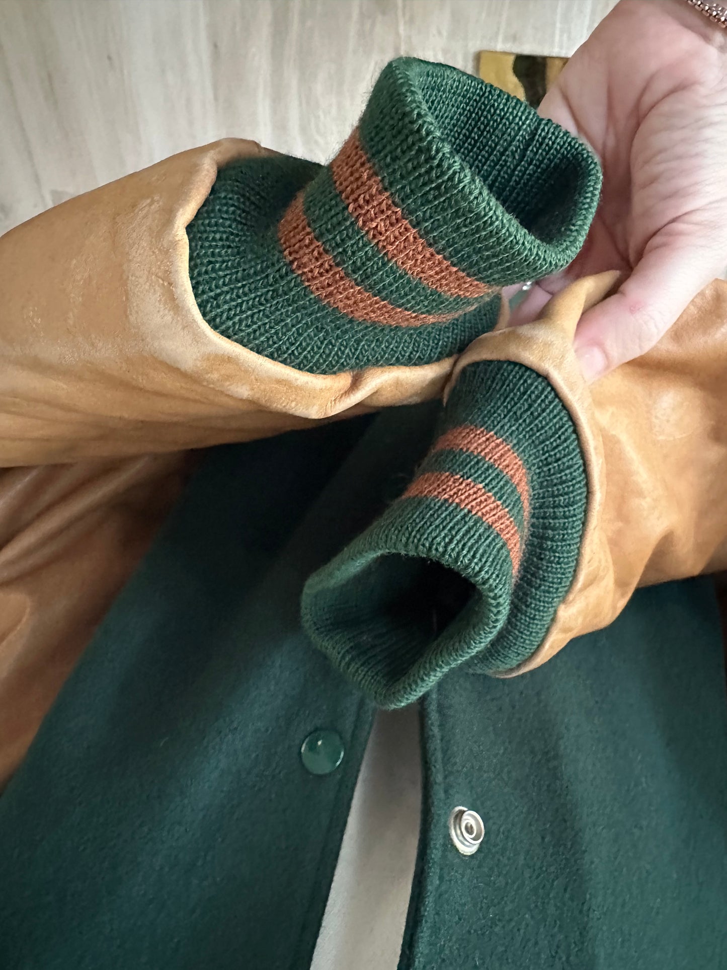 90s Brooks Brothers wool varsity jacket with leather sleeves. Made in the USA