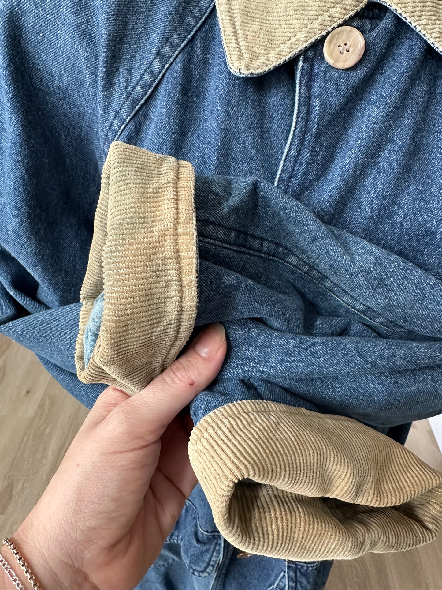 90s Ruff Hewn denim lined trench with corduroy collar. Made in Hong Kong