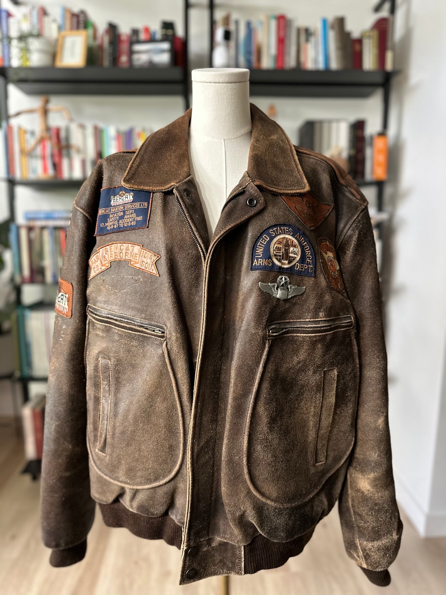 90s Bencat leather flight jacket with patches. Made in Korea