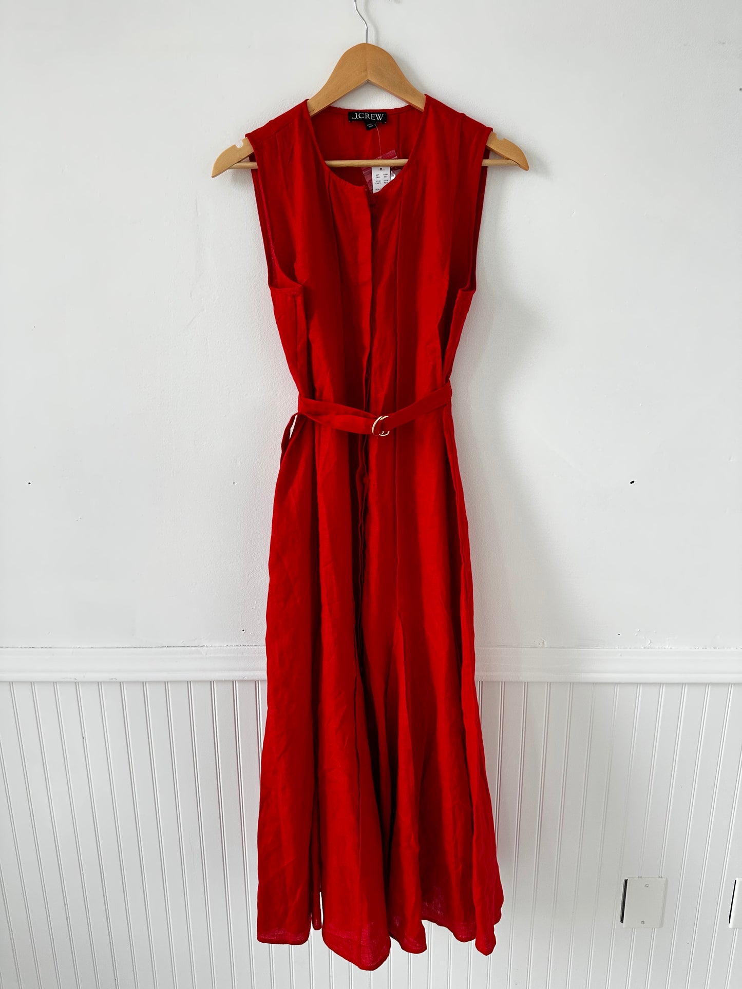 JCrew red seamed linen dress with removable dress. Size medium tall