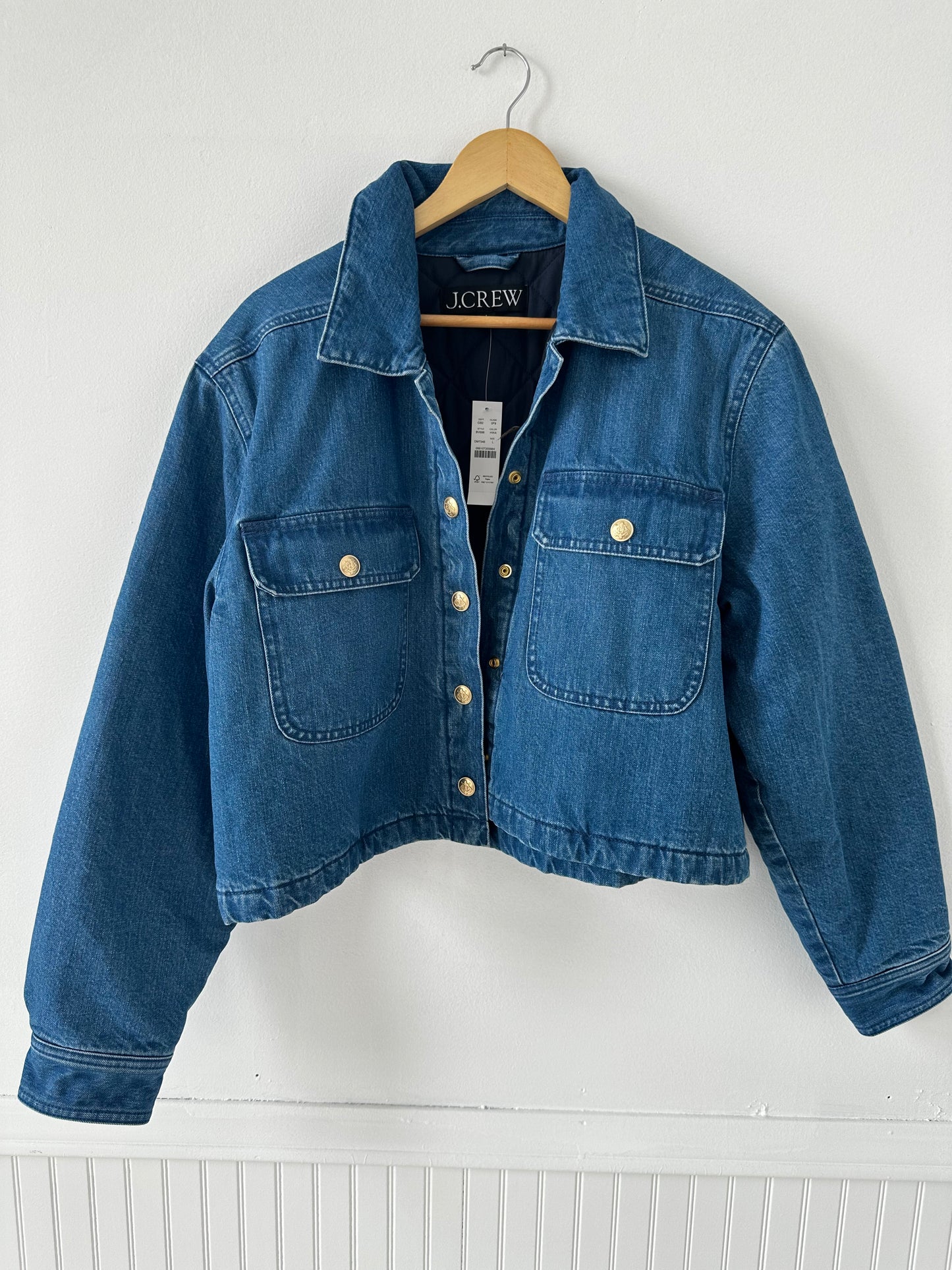 JCrew cropped denim puffer jacket. NWT