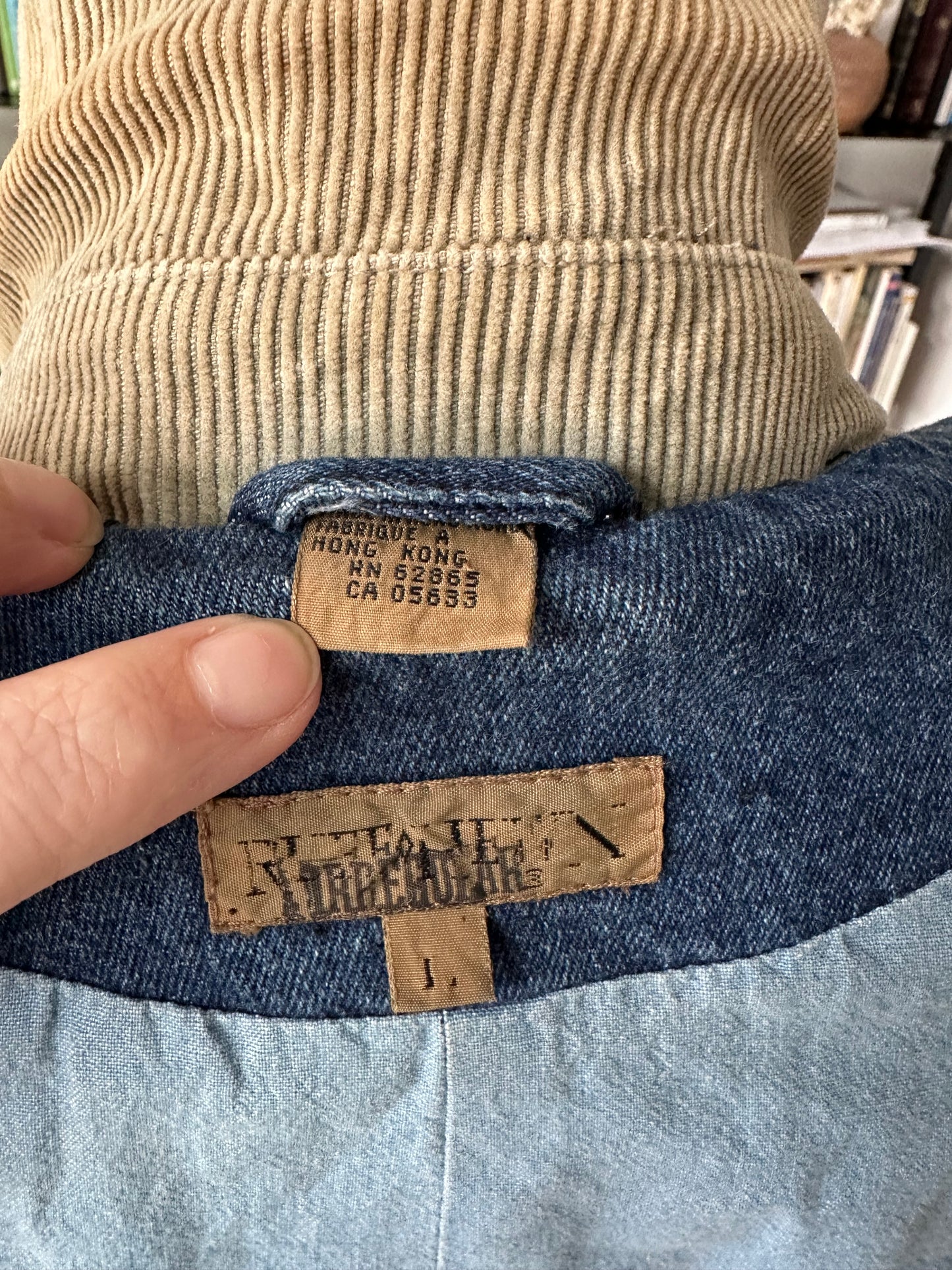 90s Ruff Hewn denim lined trench with corduroy collar. Made in Hong Kong