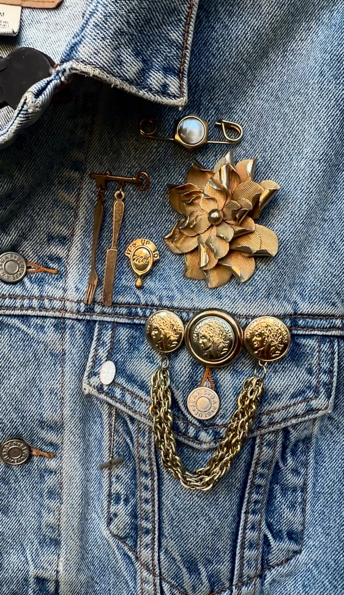 Vintage Gap denim jacket with brooches