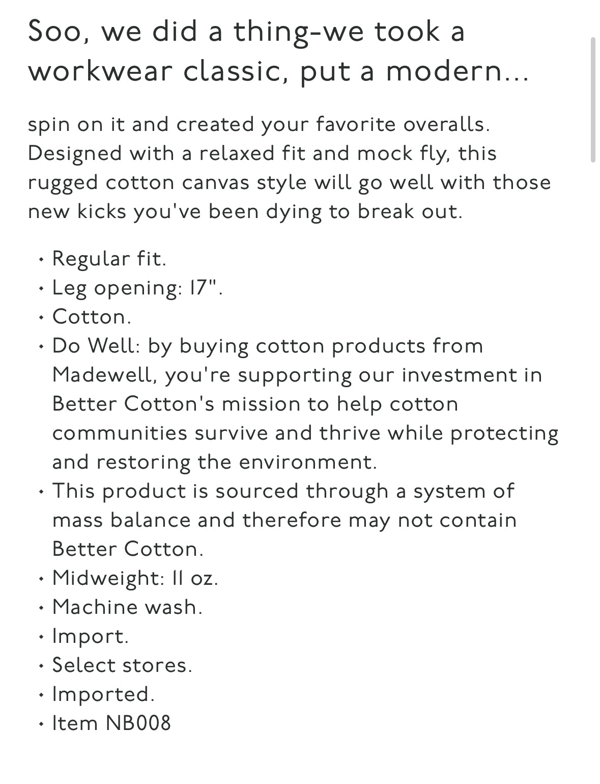 Madewell garment-dyed canvas overalls
