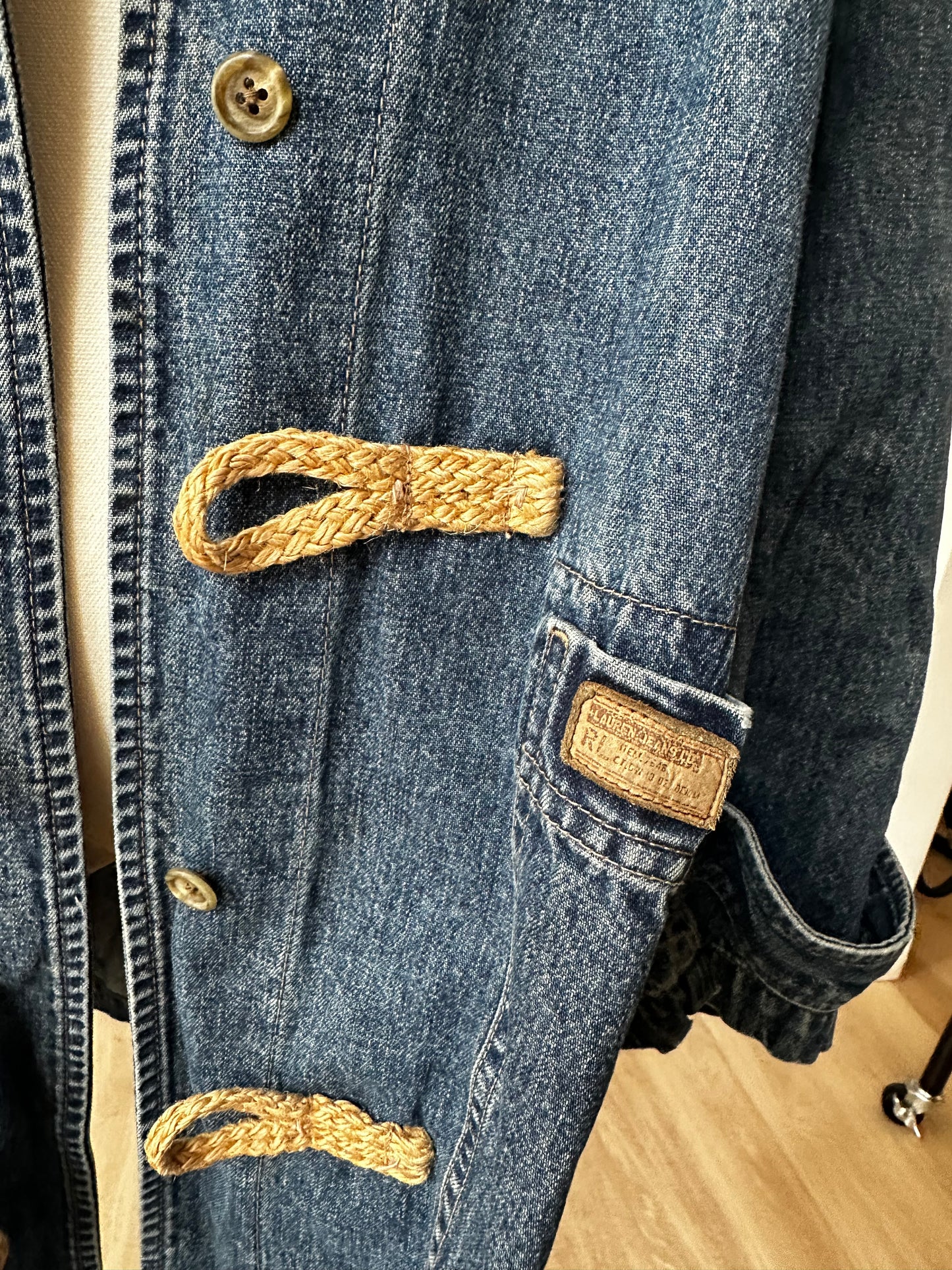 90s Lauren Jeans Co denim toggle coat. Made in Hong Kong