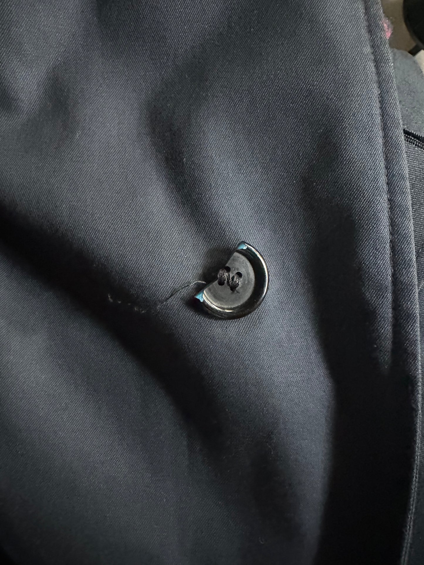 90s Burberry navy trench with zip out wool lining. Missing belt. Size 52 reg
