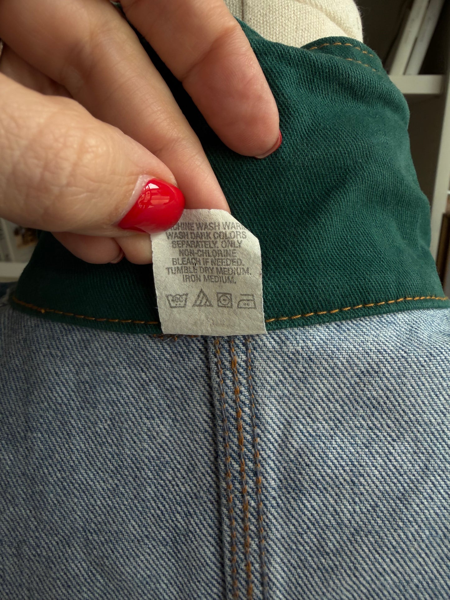 Vintage Denim chore coat with embroidery with green collar