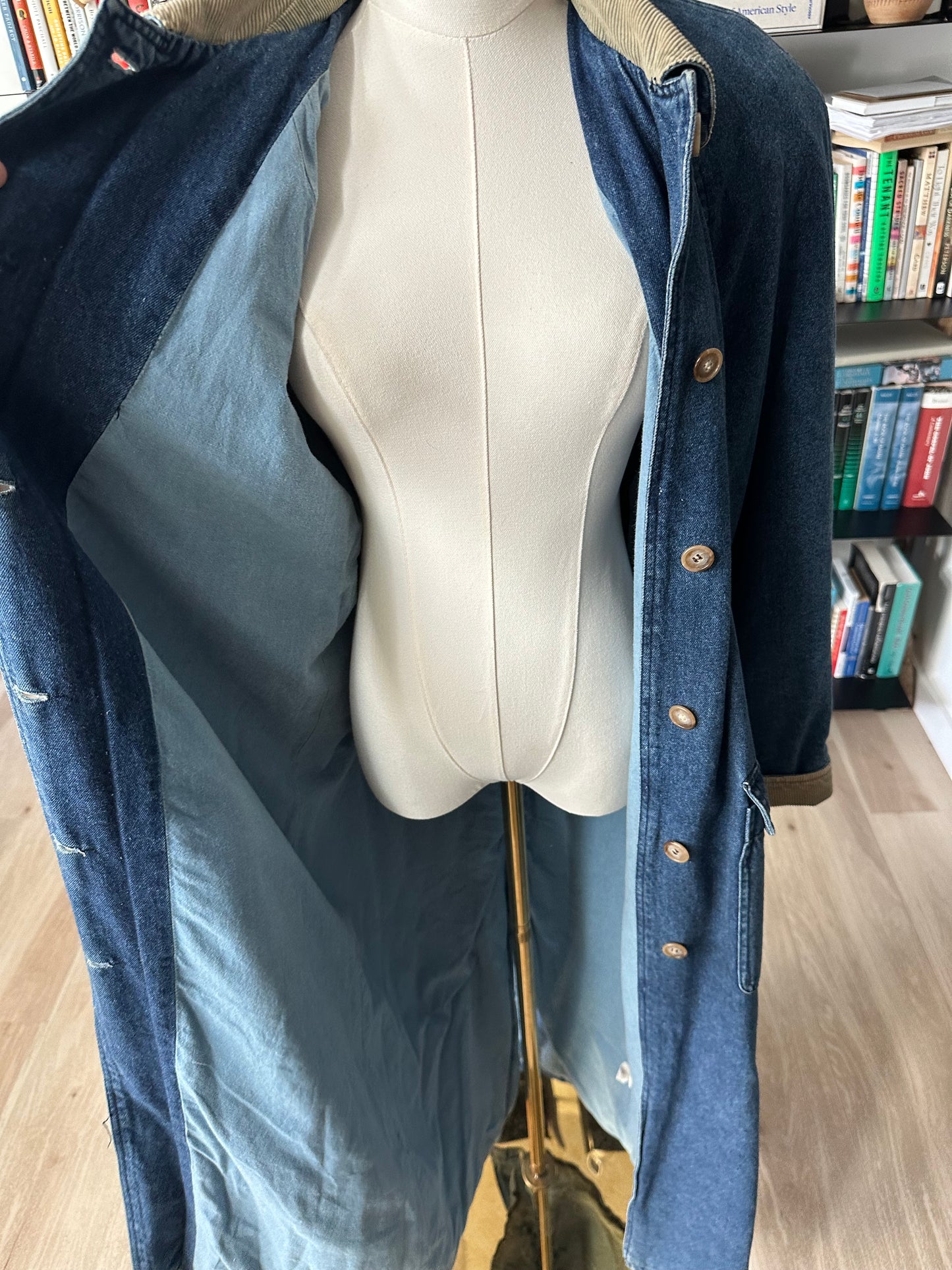 90s Ruff Hewn denim lined trench with corduroy collar. Made in Hong Kong
