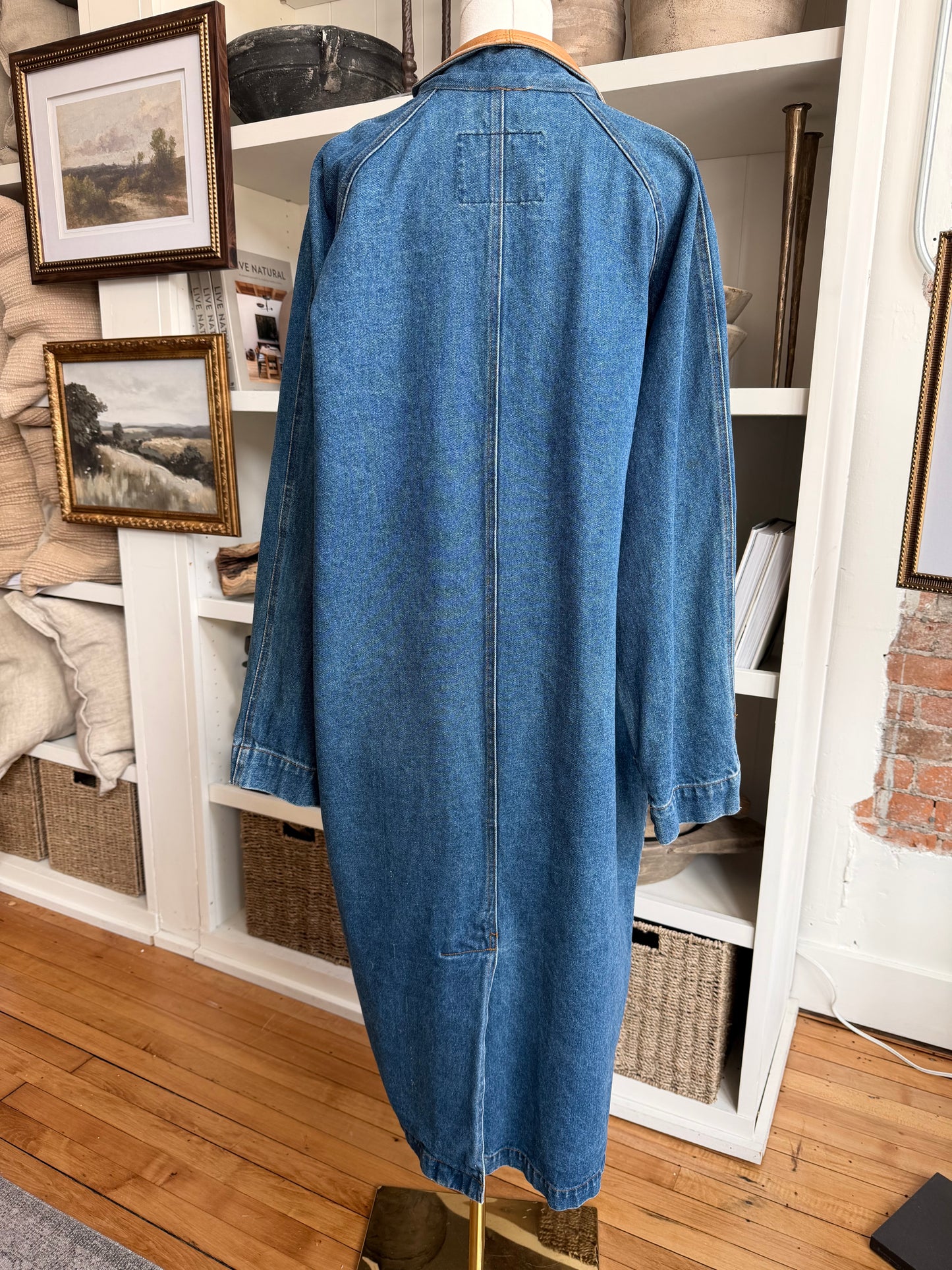 90s Fluid Blues denim trench with leather collar. Made in Hong Kong