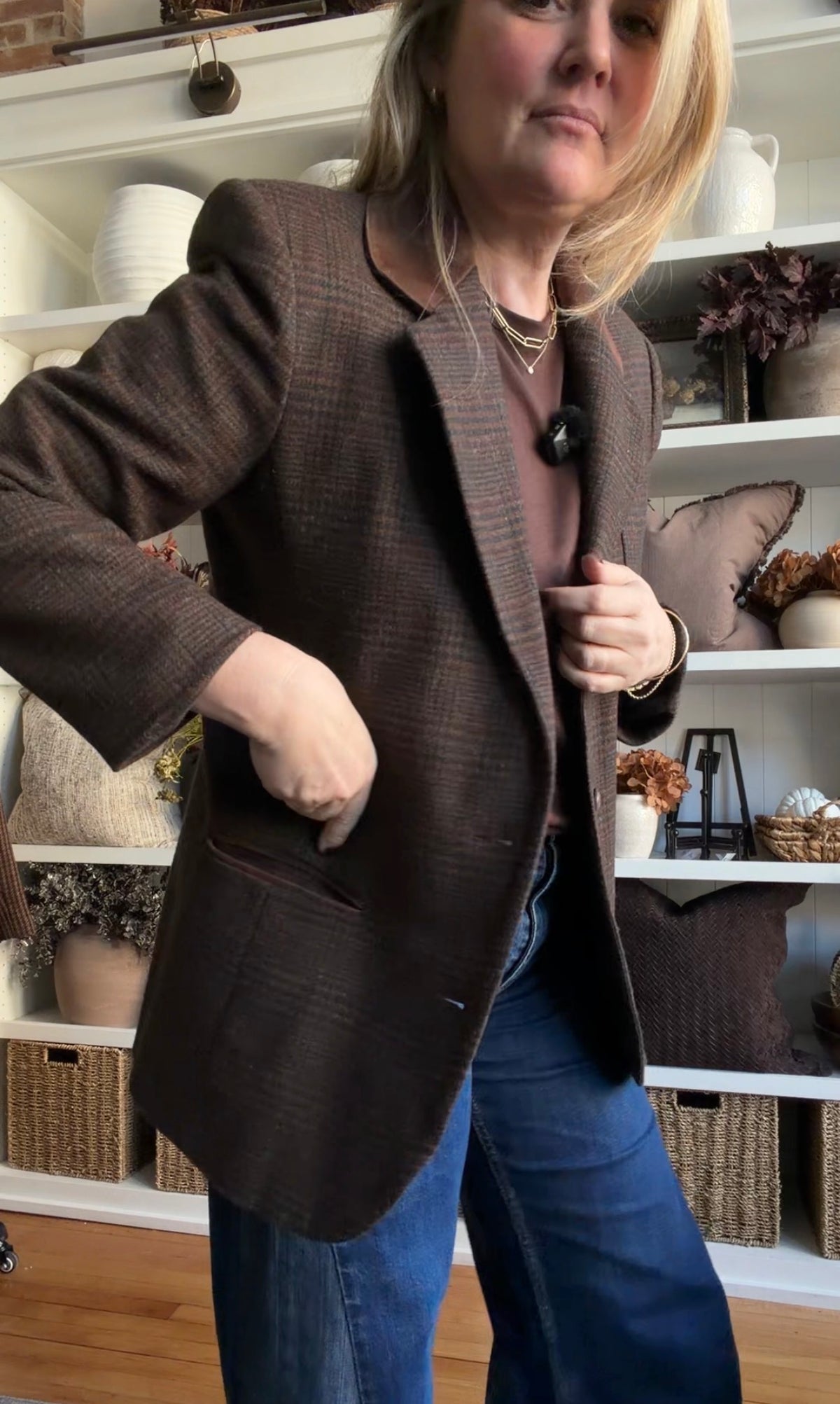 90s Braebrook tweed blazer with leather collar. Fits XS-M petite