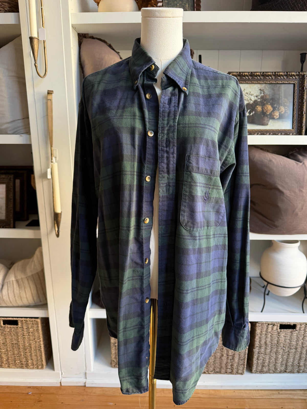 90s Nautica black watch plaid cotton button down