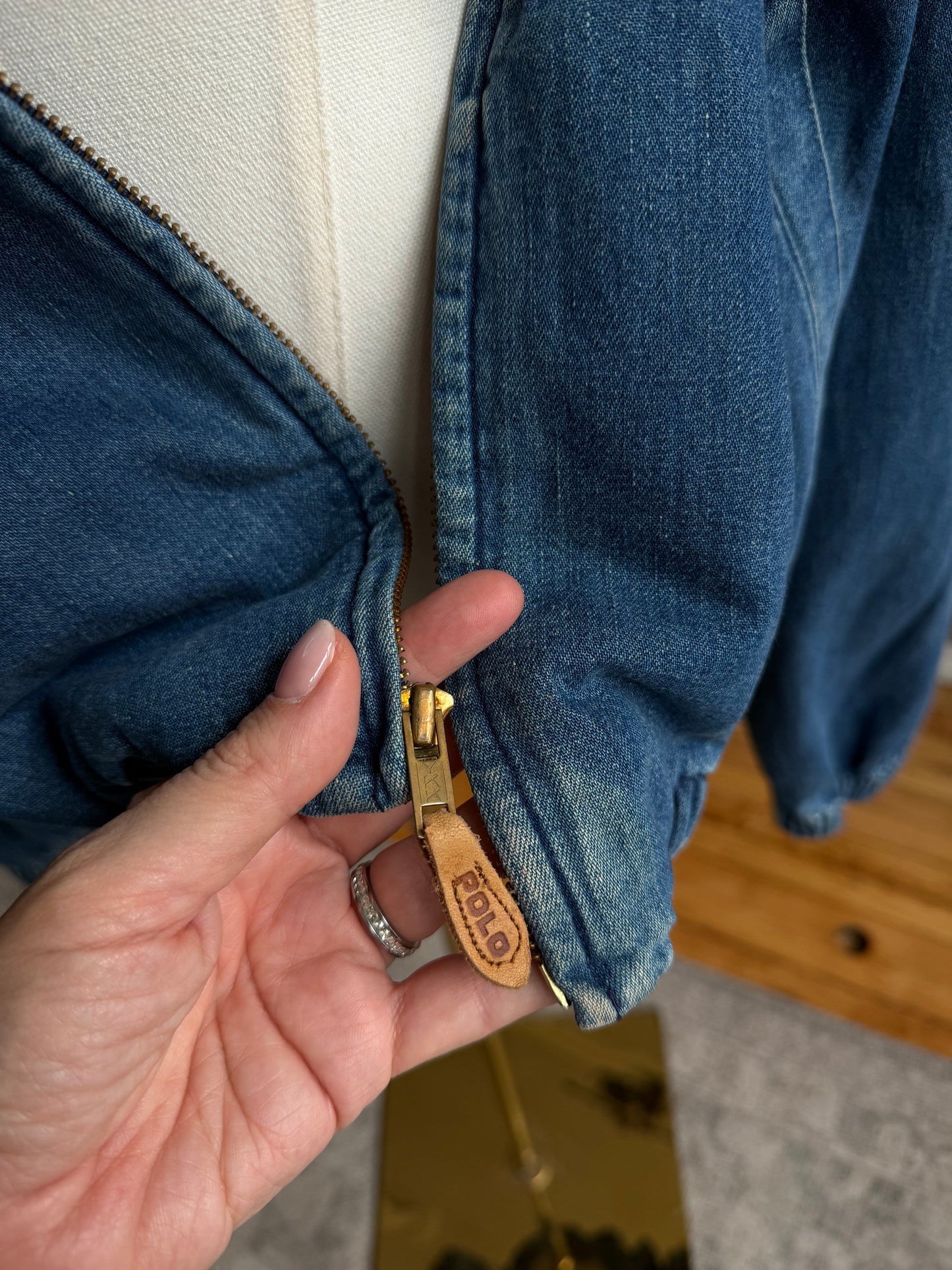80s Polo Ralph Lauren denim bomber with red collar. Made in the USA