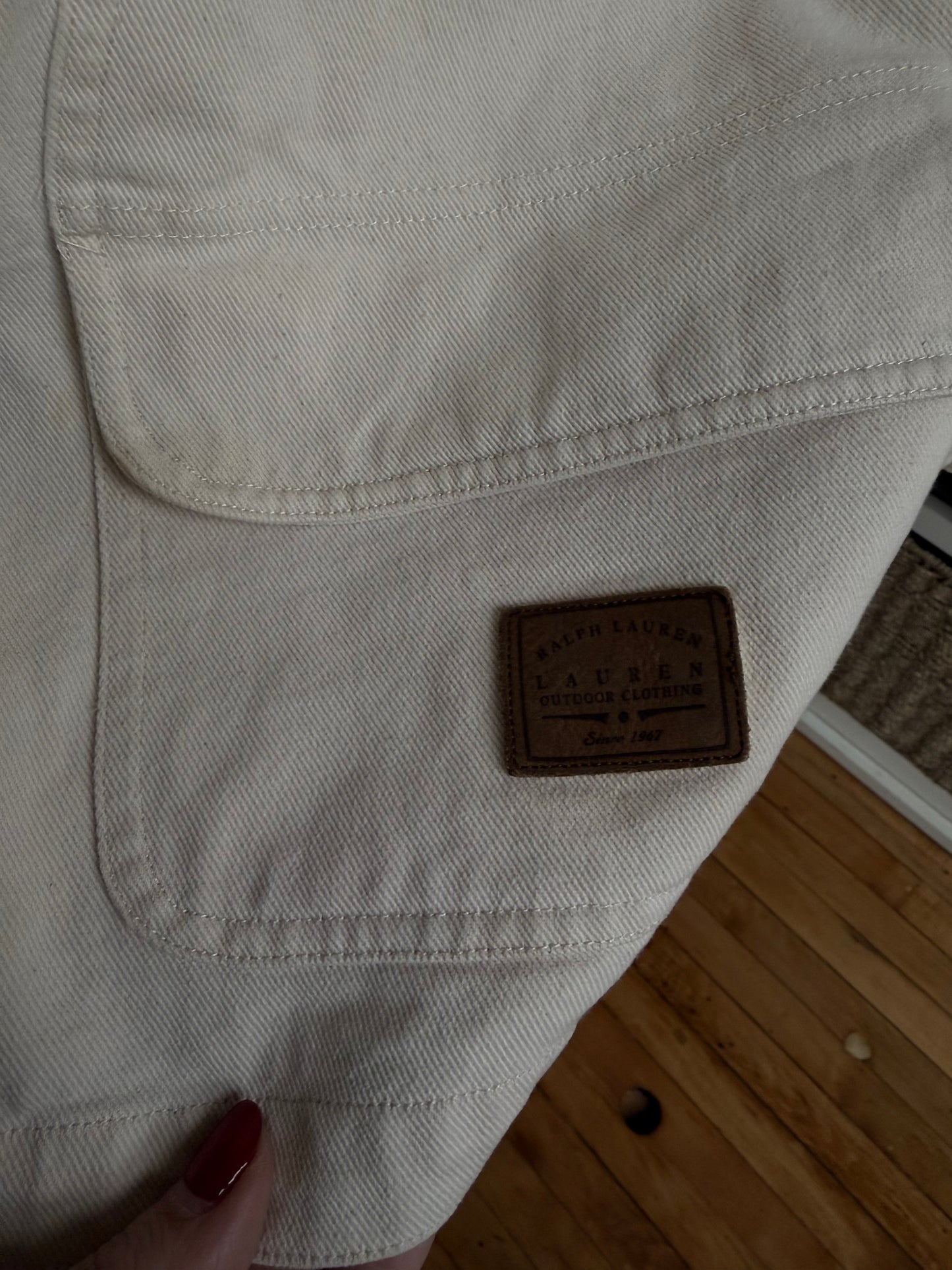 90s Lauren Ralph Lauren cream denim chore coat. Made in Hong Kong