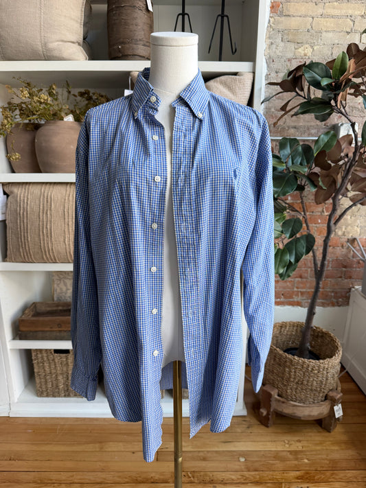 90s Ralph Lauren blue check Yarmouth poplin button down. Made in Hong Kong