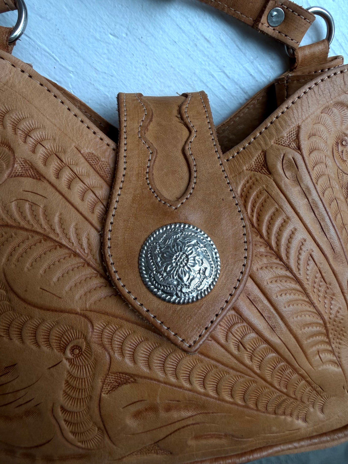 90s Grants Natural tooled leather crossbody bag. Made in Paraguay