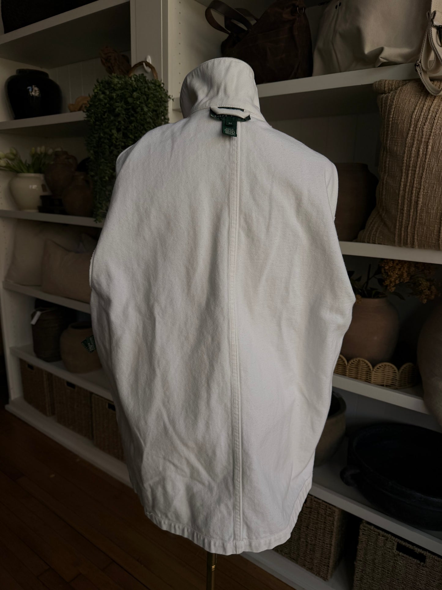 90s Lauren Ralph Lauren white denim chore coat. Made in Hong Kong