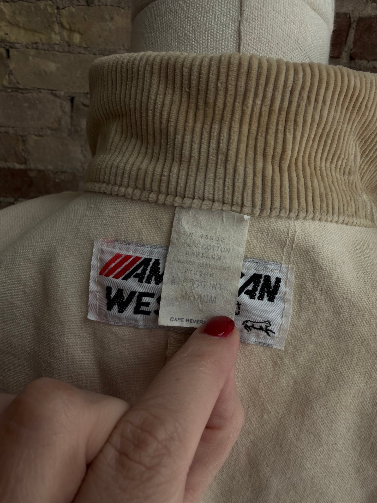 80s American West cream duster with corduroy collar. Made in USA