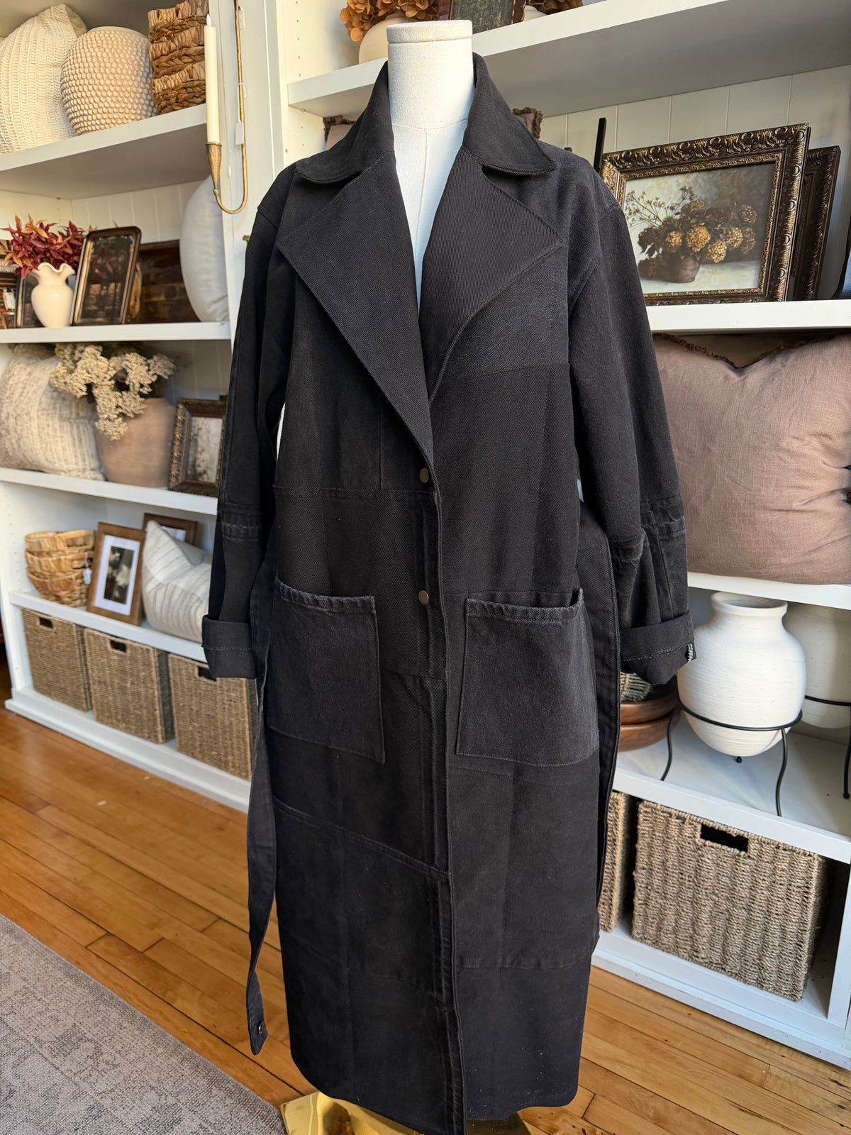 #8 Reworked black denim trench. Size S