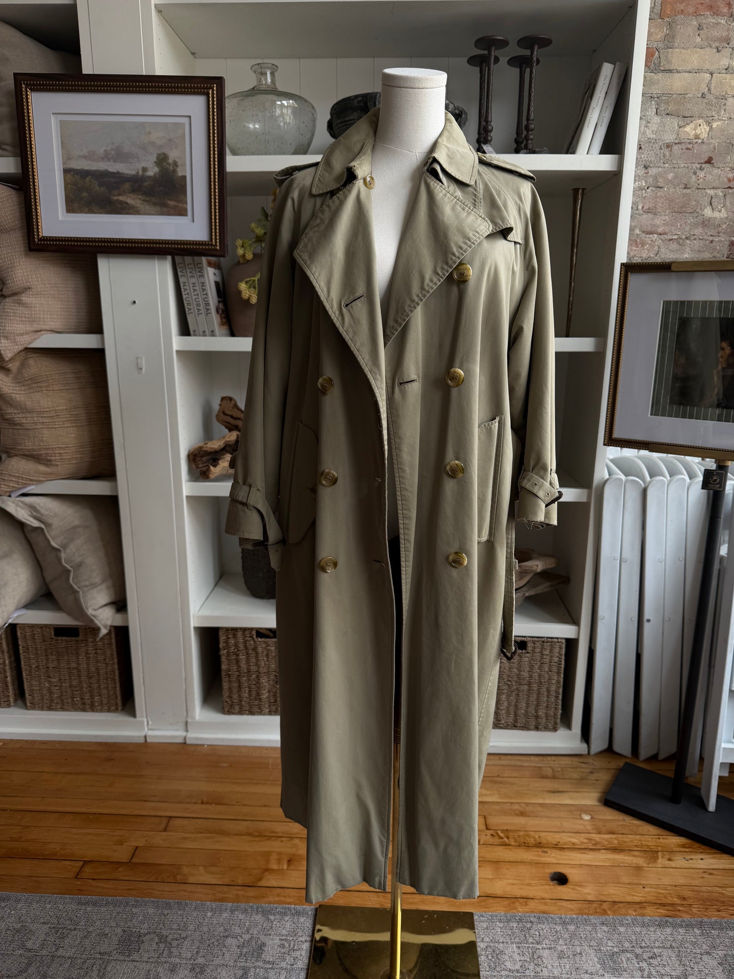 Vintage Burberry green khaki trench with removable wool lining. Made in the USA.