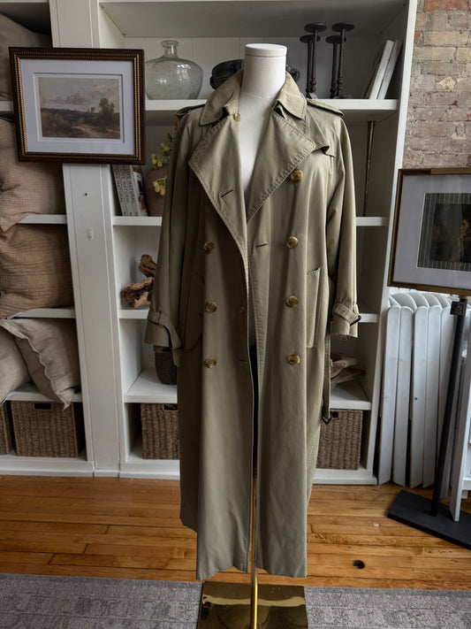 Vintage Burberry green khaki trench with removable wool lining. Made in the USA.