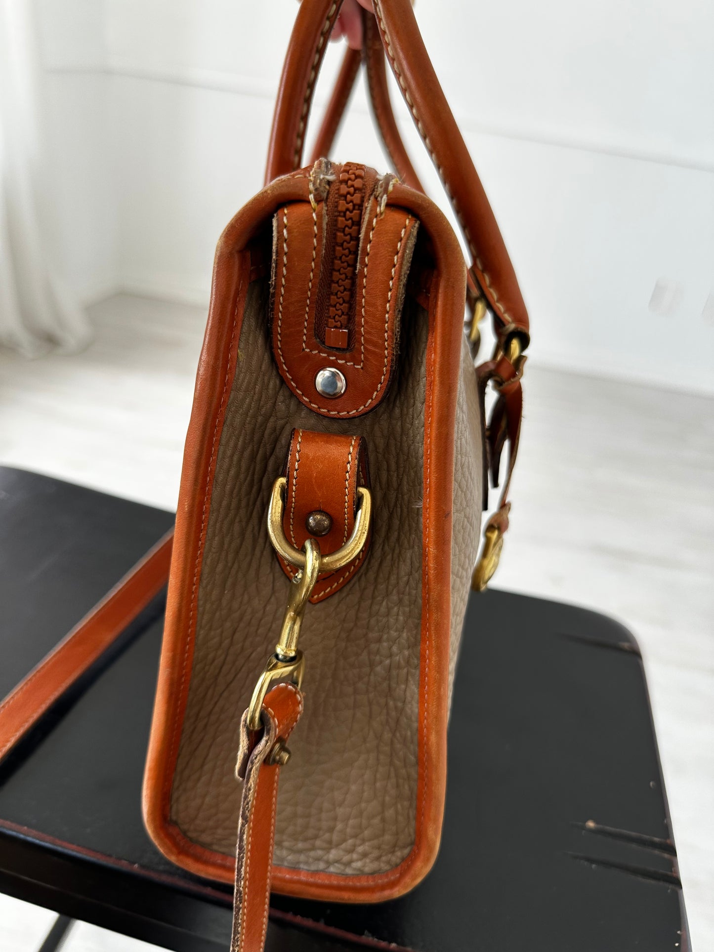 90's Dooney & Bourke Taupe Top Zip Shoulder Satchel with crossbody strap