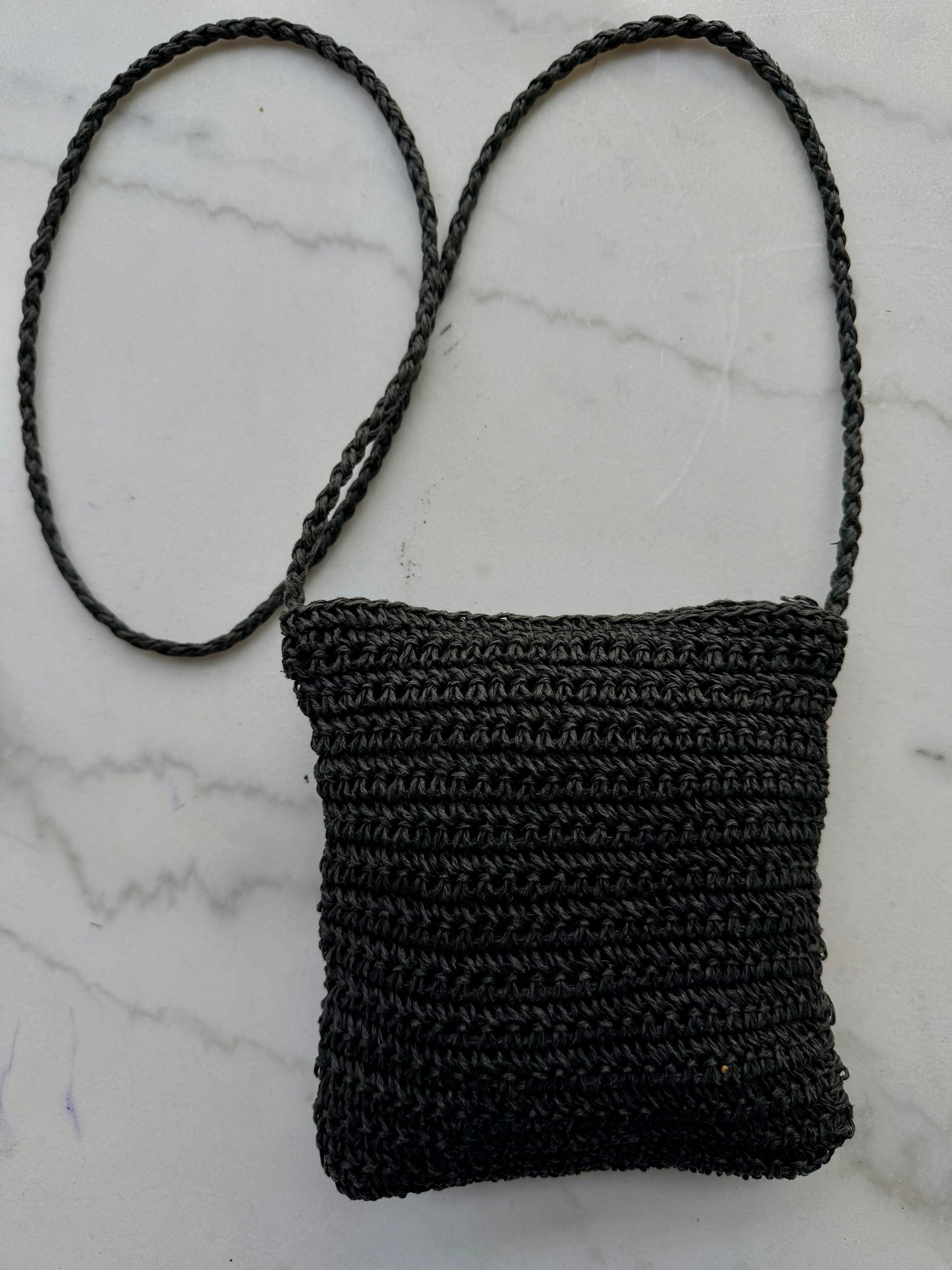 Vintage black woven paper crossbody bag. Sourced in Paris