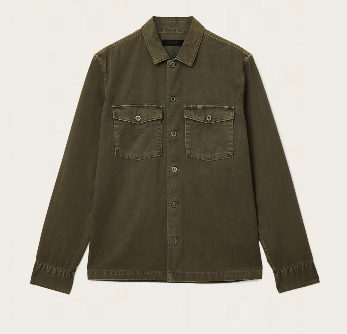 All Saints Spotter cotton over shirt in cargo green. Size medium