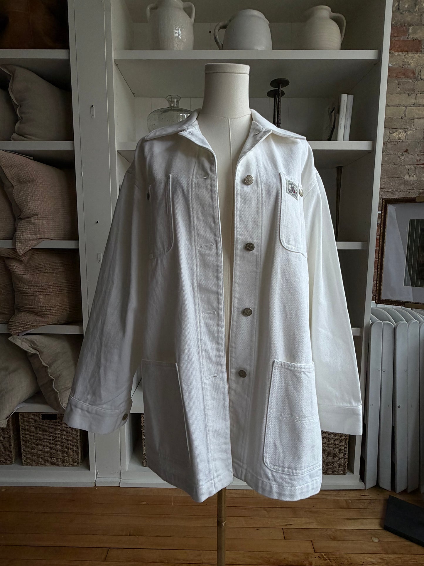 90s Lauren Ralph Lauren white denim chore coat. Made in Hong Kong