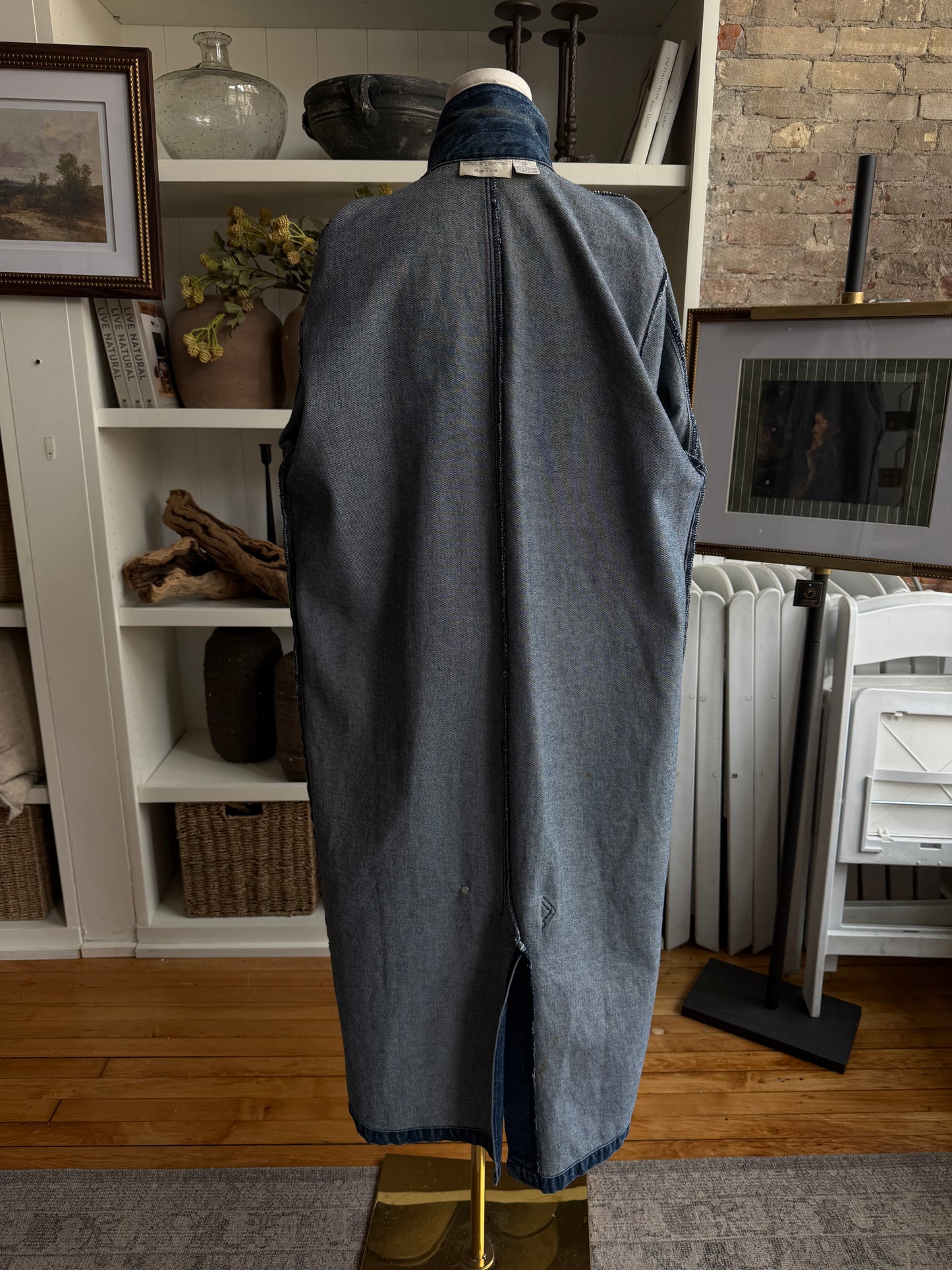 Blocked printed vintage denim trench. Hand painted by SRM Prints